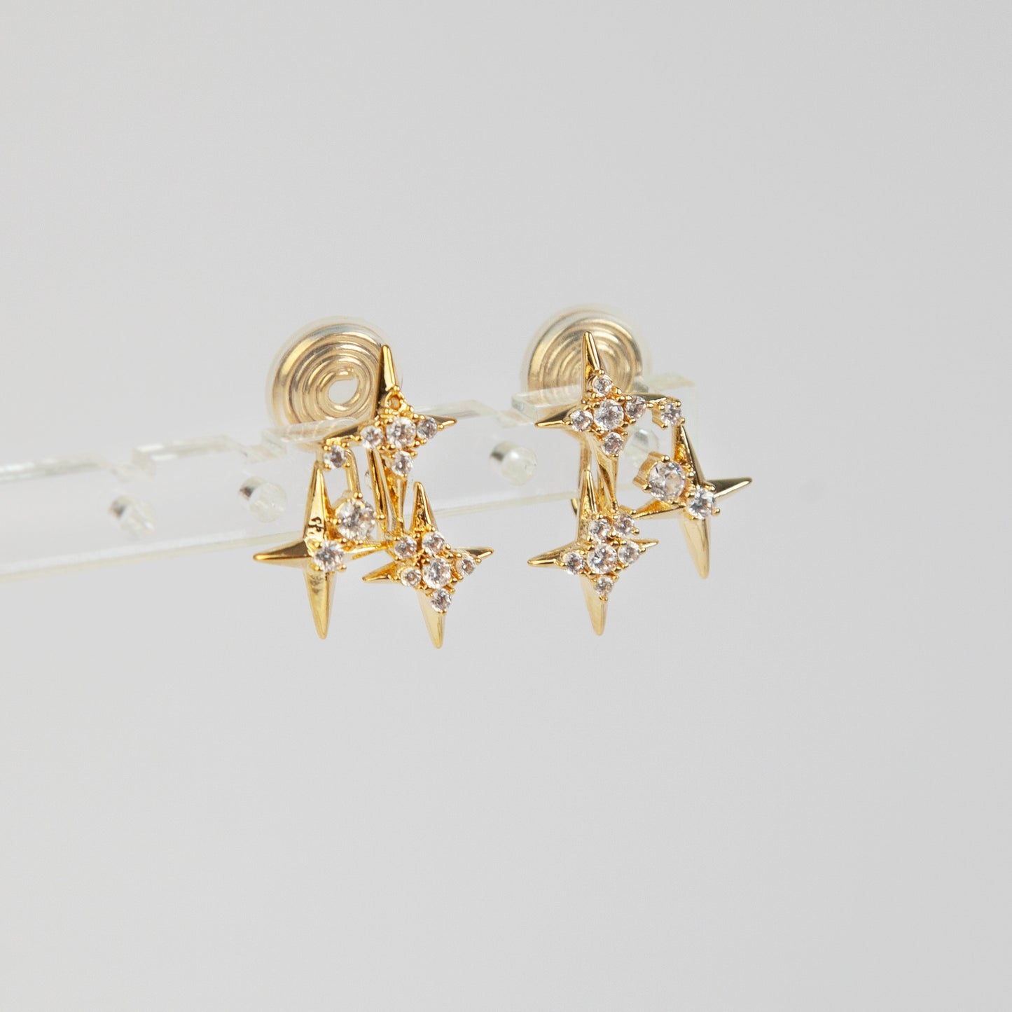 Crystal Star Stud Earrings, Gold Plated CZ Stud Earrings, Four Points Star Earrings, Gold Star Clip On Earrings, Non Pierced Earrings