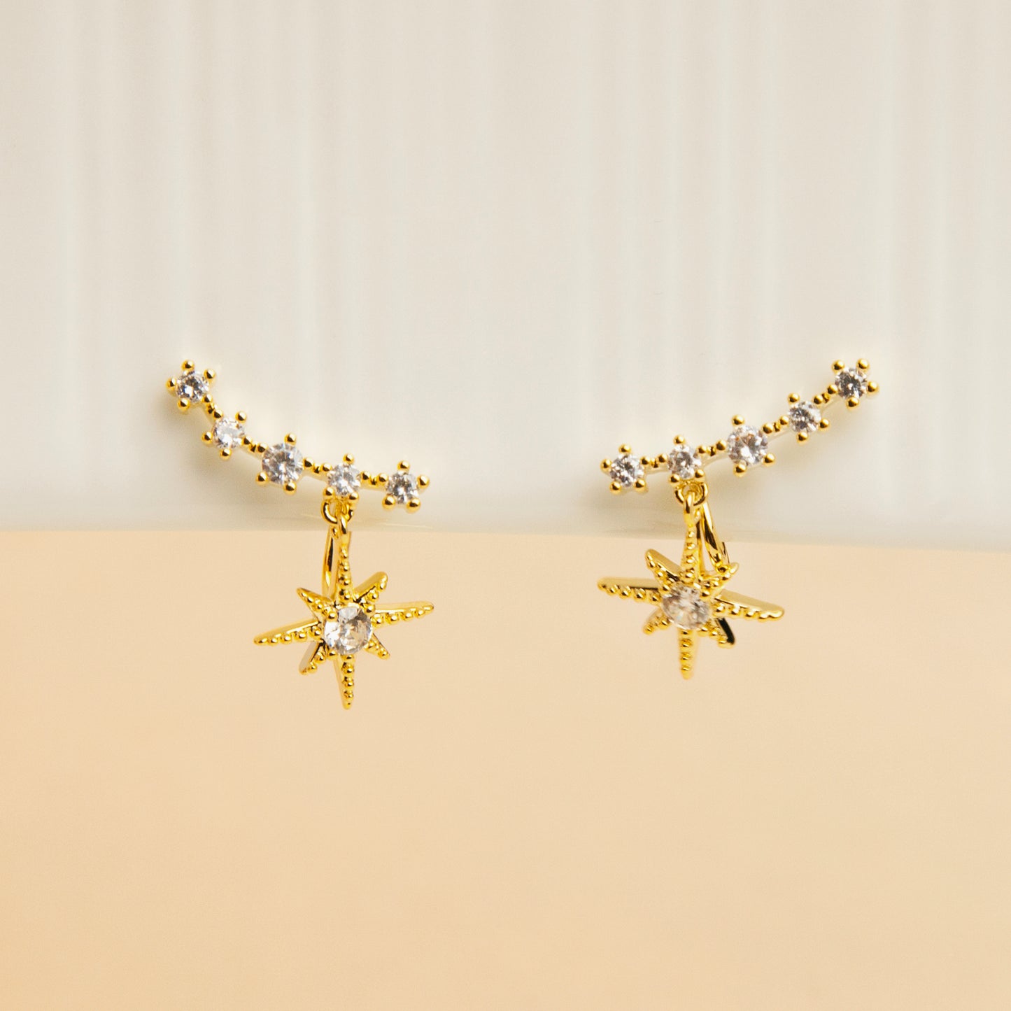 Crystal Star Stud Earrings, Gold Plated Long Climber CZ Stud Earrings, Dainty Start Drop Earring, Clip On Earrings, Non Pierced Earrings