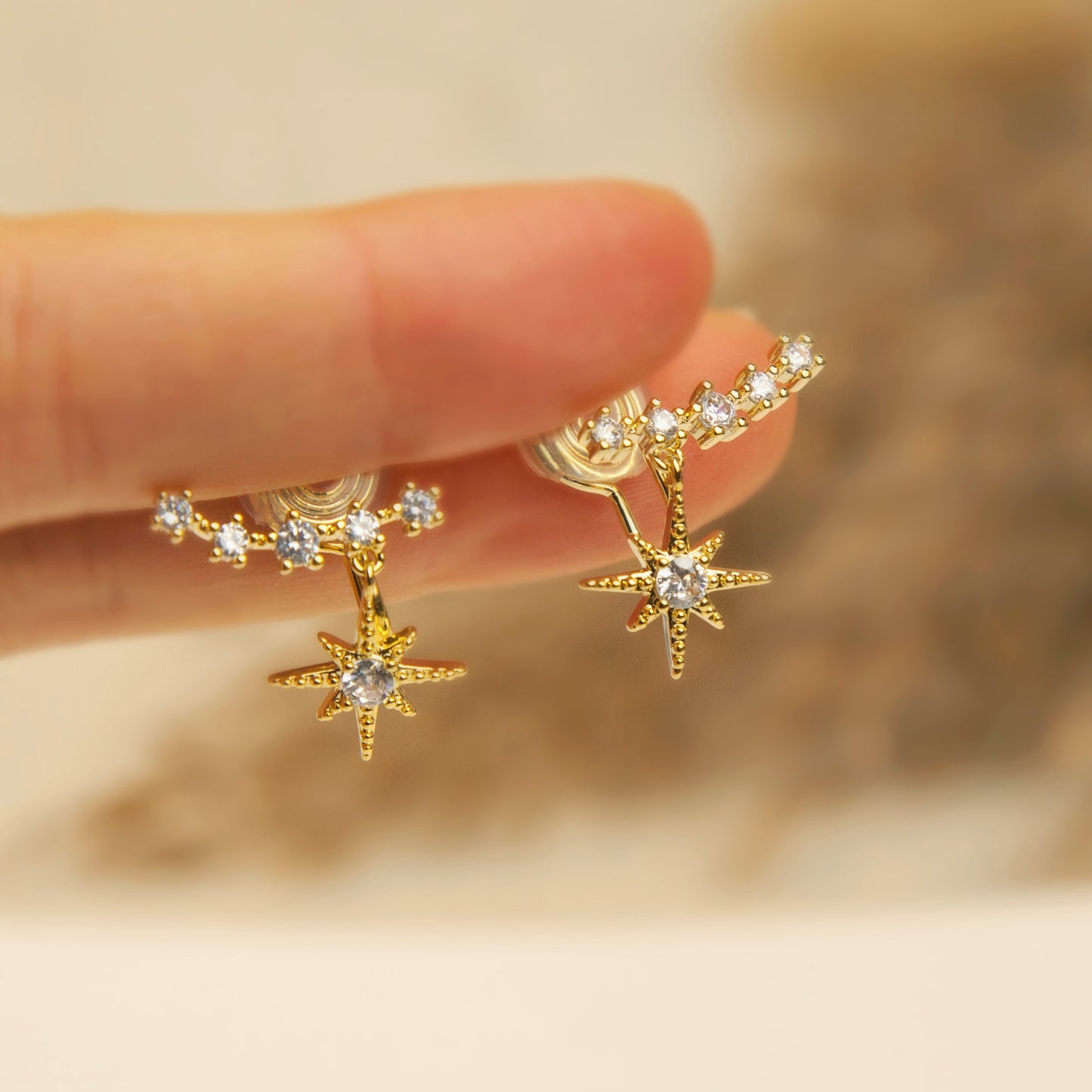Crystal Star Stud Earrings, Gold Plated Long Climber CZ Stud Earrings, Dainty Start Drop Earring, Clip On Earrings, Non Pierced Earrings