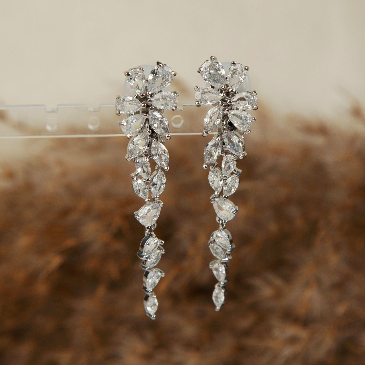 Crystal Statement Clip On Earrings, Chandelier Dangle Earrings, Clear Crystal Leaf Dangle and Drop Earrings, Paddle Back Clips Non-Pierced Wedding Earrings