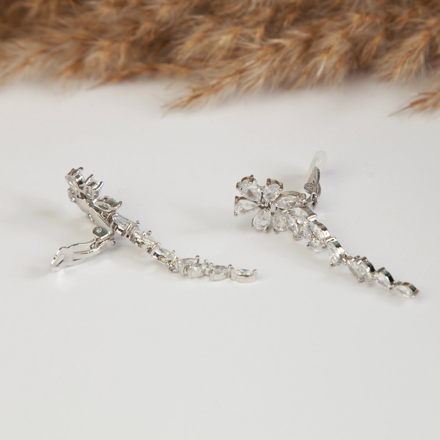 Crystal Statement Clip On Earrings, Chandelier Dangle Earrings, Clear Crystal Leaf Dangle and Drop Earrings, Paddle Back Clips Non-Pierced Wedding Earrings