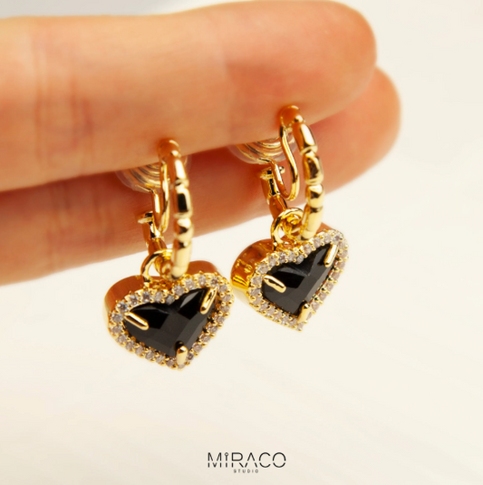 Dangle Heart Hoop Earrings, Retro Style Black Heart With Crystal Diamonds, Gold Huggie Drop Earrings
