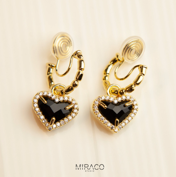 Dangle Heart Hoop Earrings, Retro Style Black Heart With Crystal Diamonds, Gold Huggie Drop Earrings