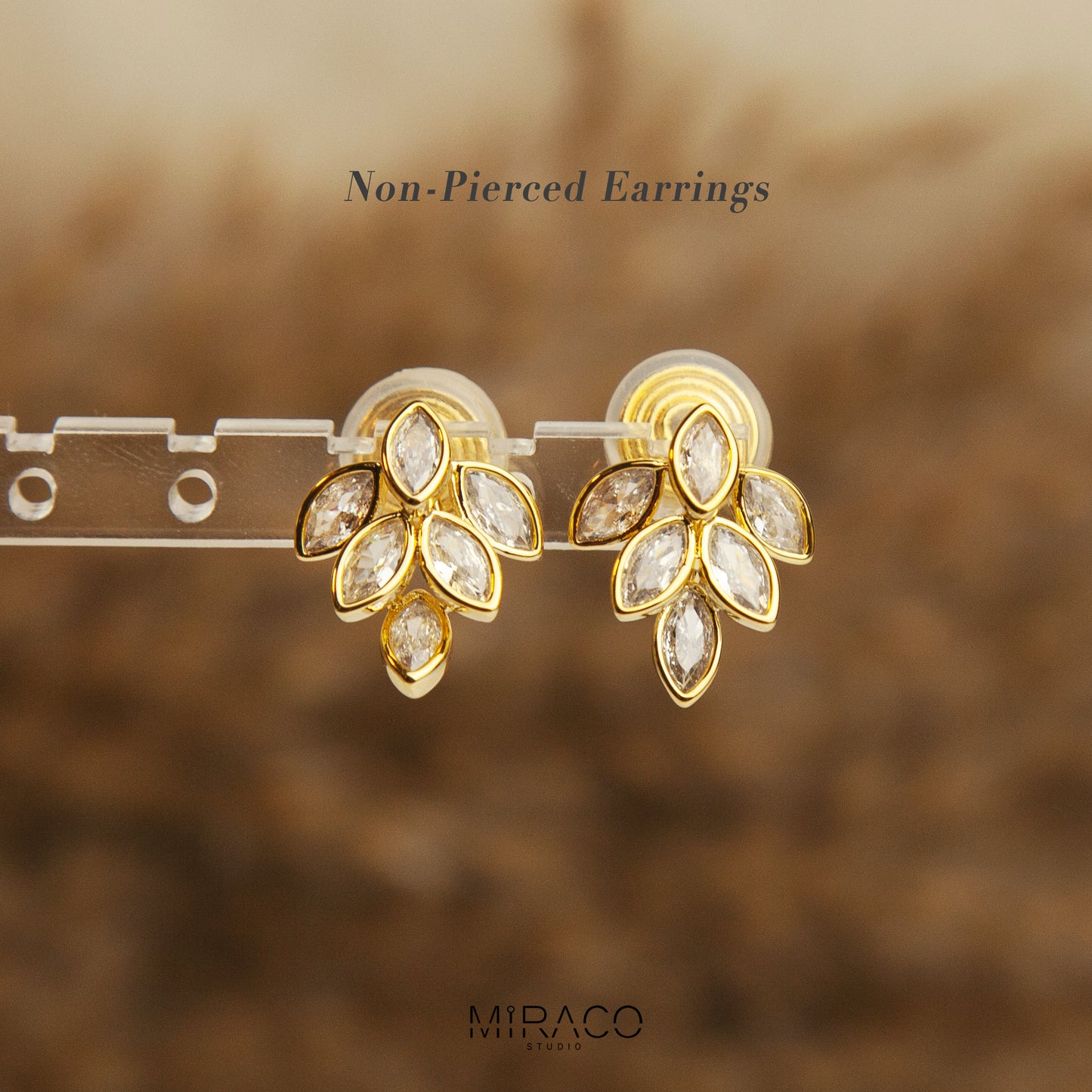 Diamond Clip On Earrings, Sparkling Crystal Leaf Stud, No Piercing Earrings