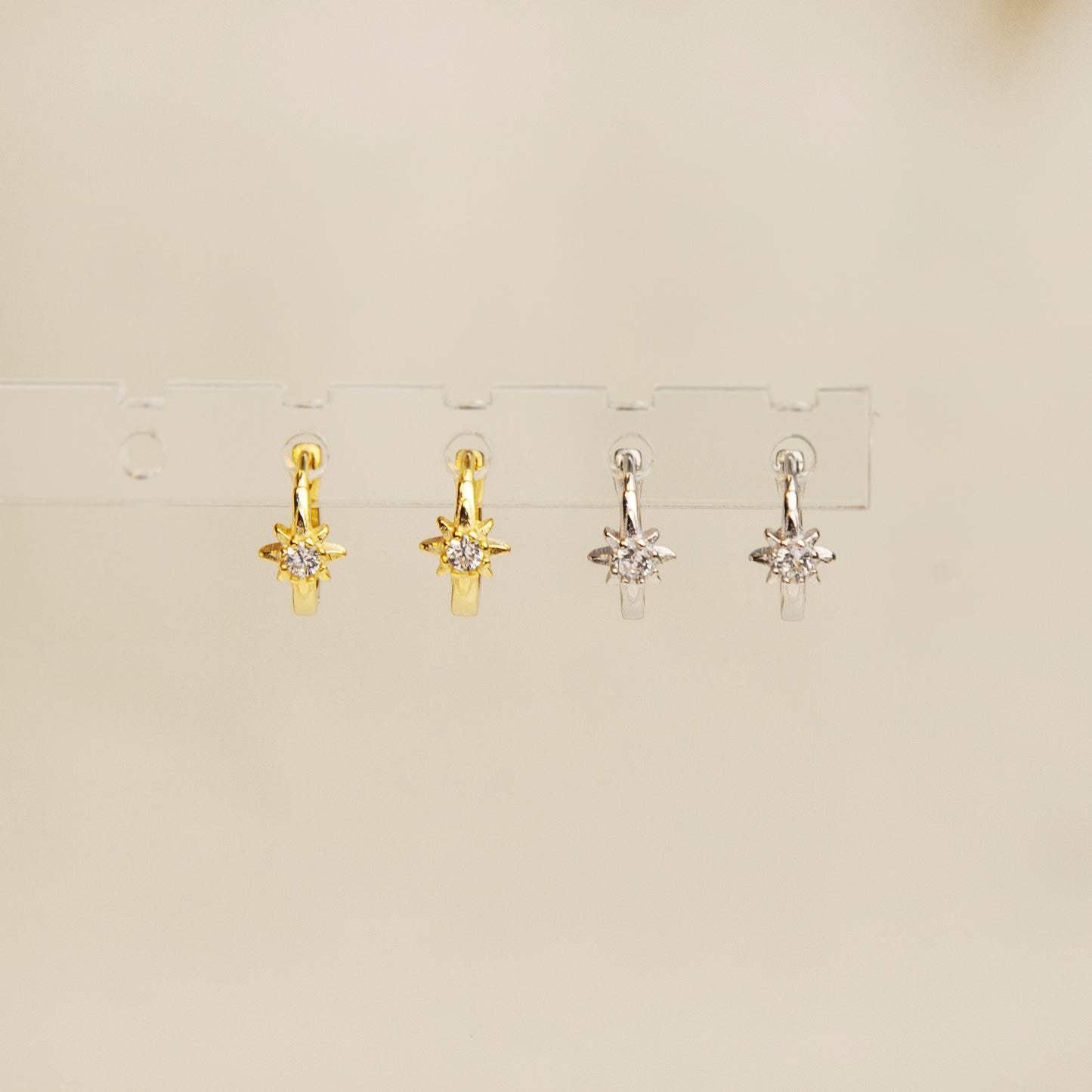 Diamond Star Tiny Huggie Hoops, Sterling Silver Earrings, Dainty Star Small Hoops in Gold and Silver, Diamond Minimalist Stacking Earrings