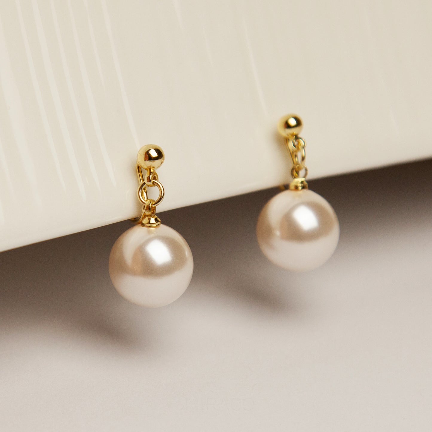 Drop Pearl Earrings With Gold Colour Clips, Coil Back Clip On Earrings, White Pearls Dangle Earrings