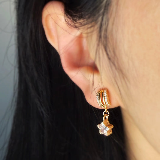 Drop Star Diamond Earrings , Non Pierced Gold Diamond Dangle Earrings, 5 Point Star Earrings