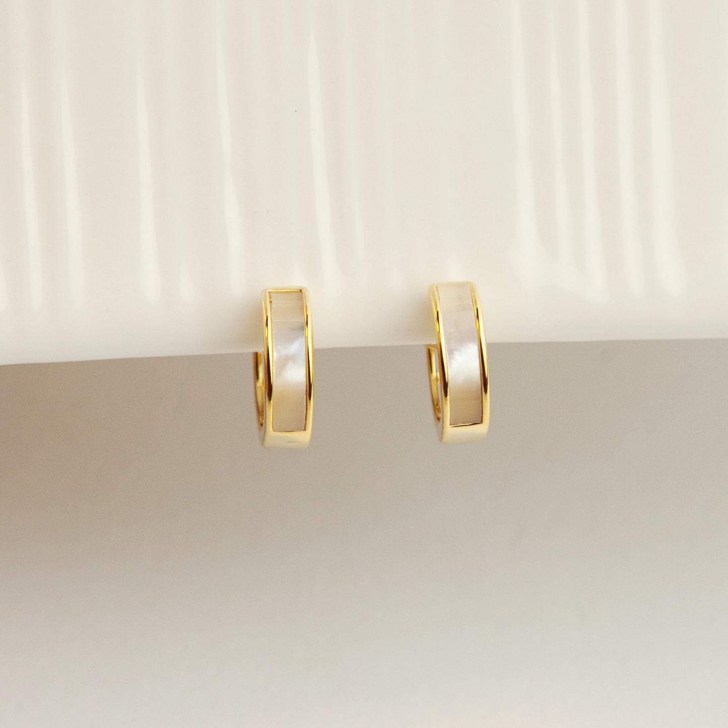 Elegant Clip On Huggie Earrings, Cream White Huggie Hoops, Gold Plated Mother Of Pearl Hoop Earrings, No Piercing Earring, Invisible Clip On Earrings