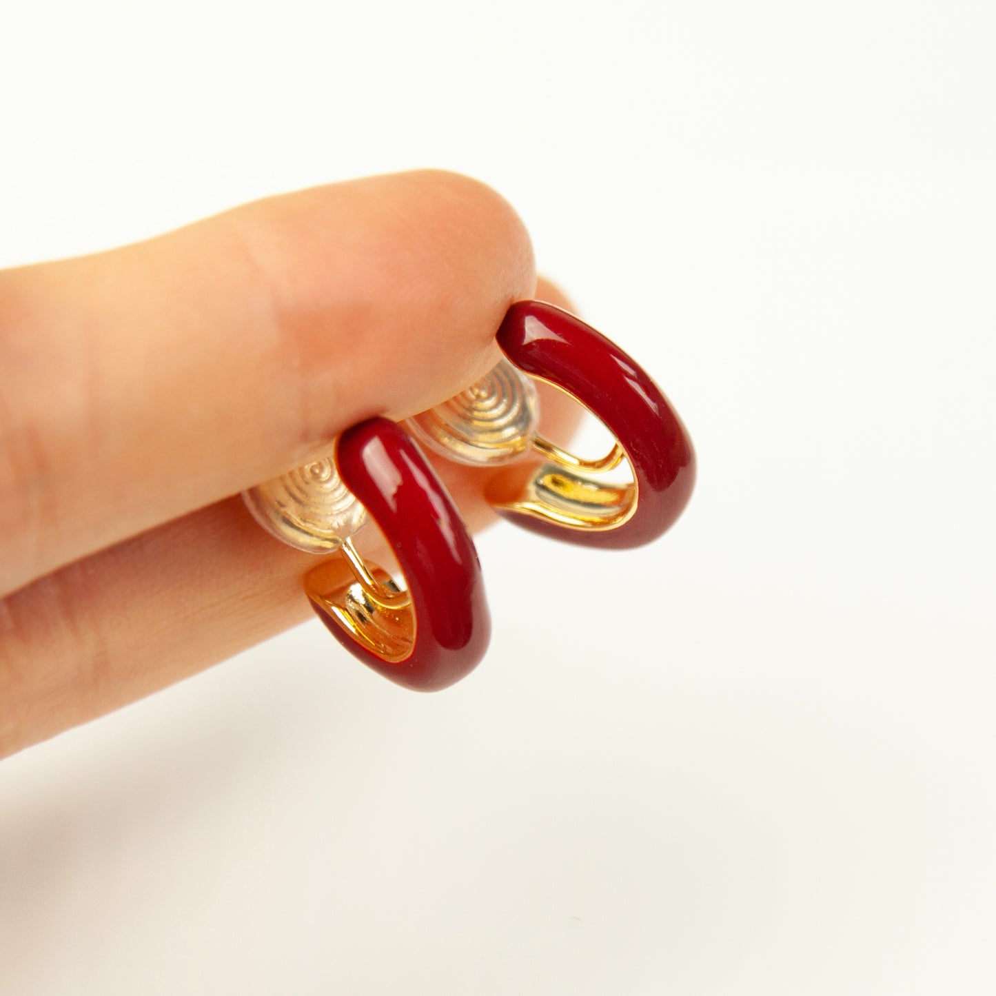 Elegant Clip On Huggie Earrings, No Piercing Huggie Hoops in Red, Red Hoop Earrings, Invisible Clip On Earrings, Minimalist Red Ear Clips