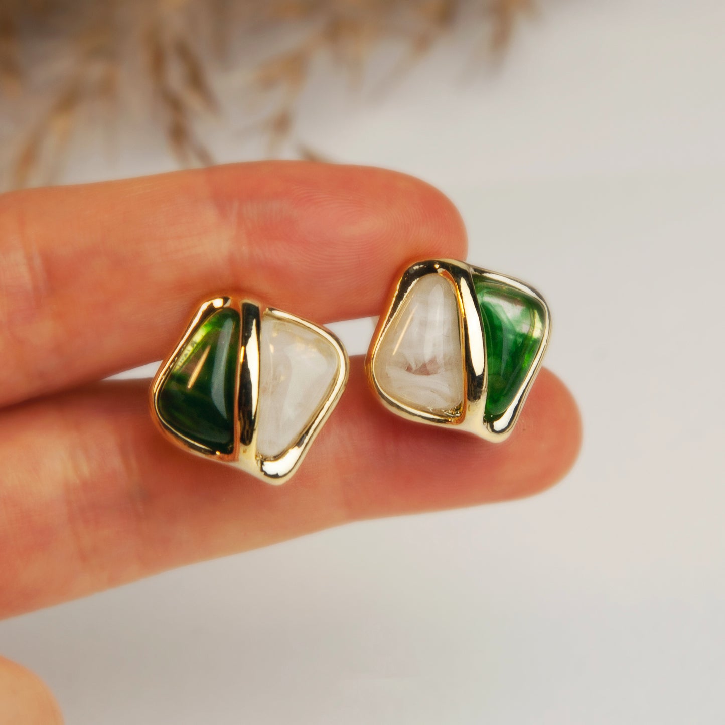 Elegant Large Square Stud Earrings, Clip On Earrings for Women, Green Brown Resin Clip On Earrings with Gold Frame, Non Pierced Earrings