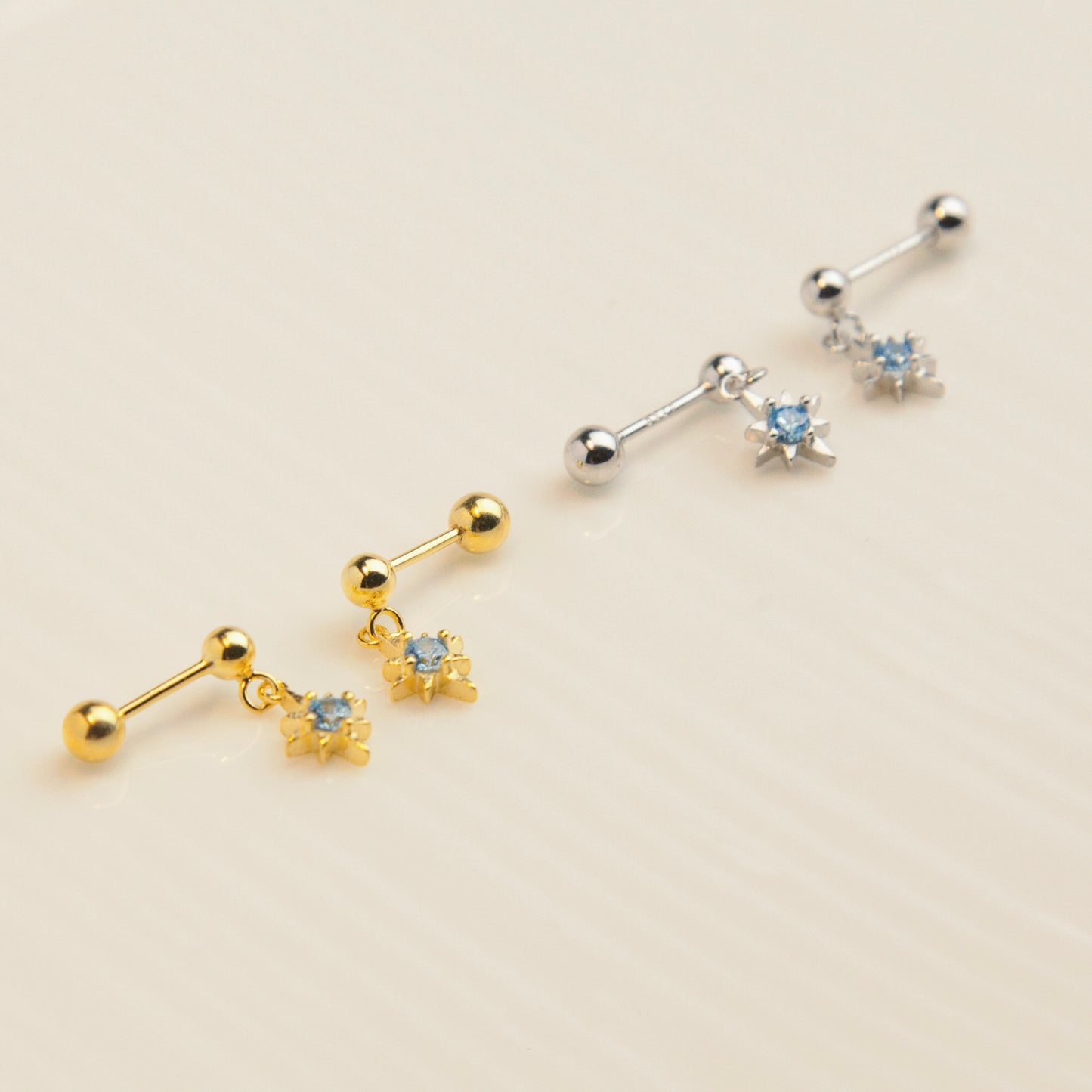 Elegant Starburst Stud Earrings with Blue CZ Crystals, Tiny Sparkle Dangle Stud Earring, Skinny Earring, Screw Back Labret Stud Cartilage Earring Tragus Stud Helix Piercing Nose Piercing