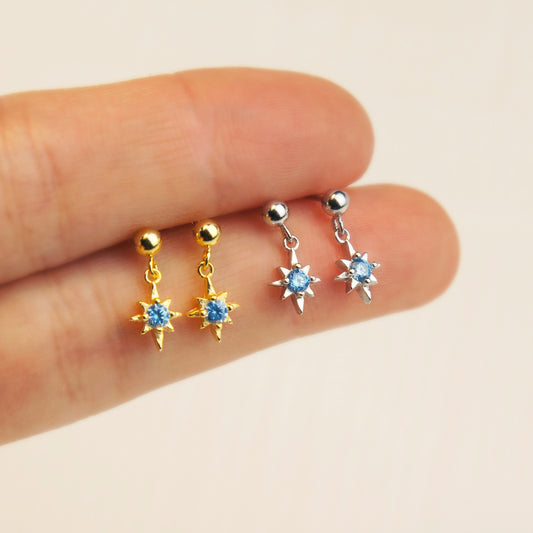 Elegant Starburst Stud Earrings with Blue CZ Crystals, Tiny Sparkle Dangle Stud Earring, Skinny Earring, Screw Back Labret Stud Cartilage Earring Tragus Stud Helix Piercing Nose Piercing