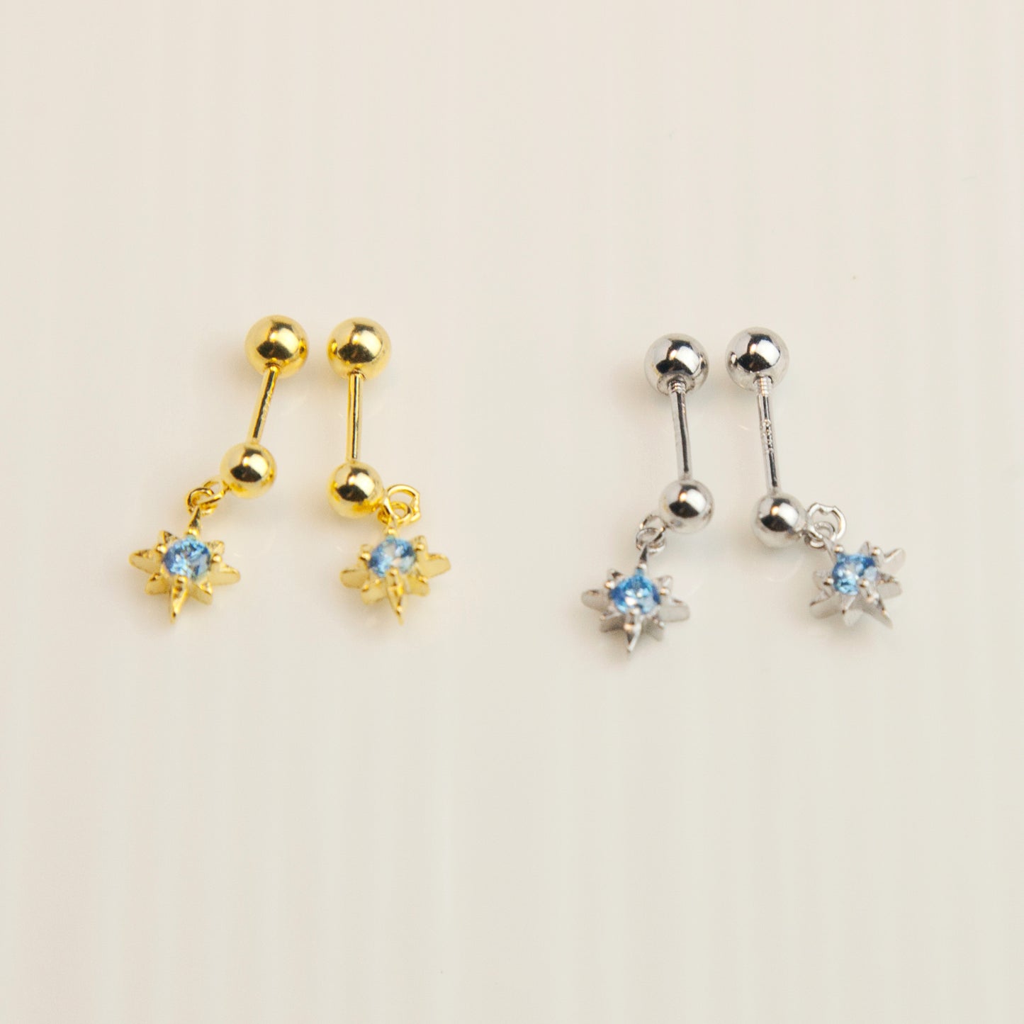 Elegant Starburst Stud Earrings with Blue CZ Crystals, Tiny Sparkle Dangle Stud Earring, Skinny Earring, Screw Back Labret Stud Cartilage Earring Tragus Stud Helix Piercing Nose Piercing