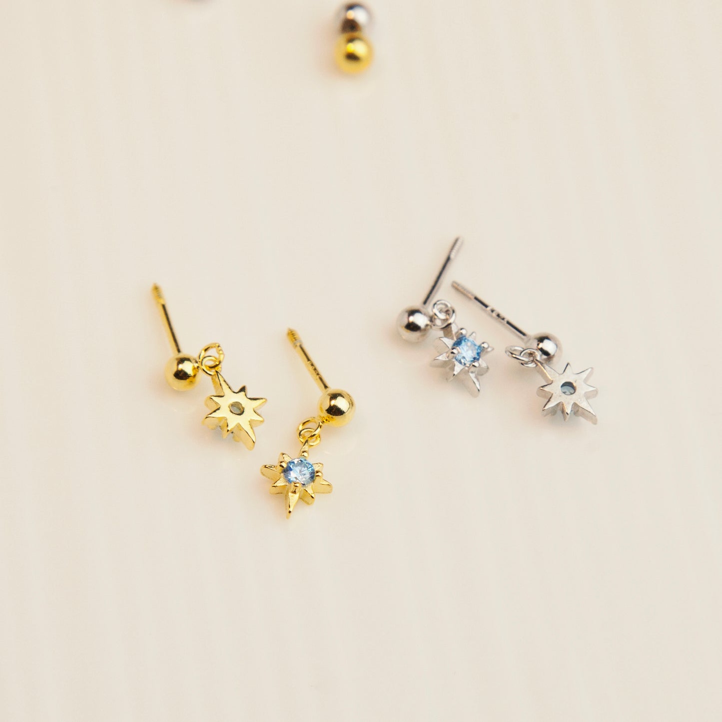Elegant Starburst Stud Earrings with Blue CZ Crystals, Tiny Sparkle Dangle Stud Earring, Skinny Earring, Screw Back Labret Stud Cartilage Earring Tragus Stud Helix Piercing Nose Piercing