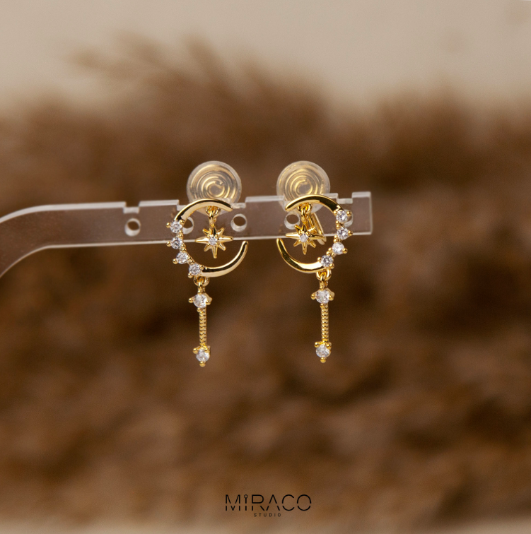 Fairy Celestial Diamond Earrings, Asymmetry Star Moon Stone Drop Ear Clips, Non Pierced Earrings