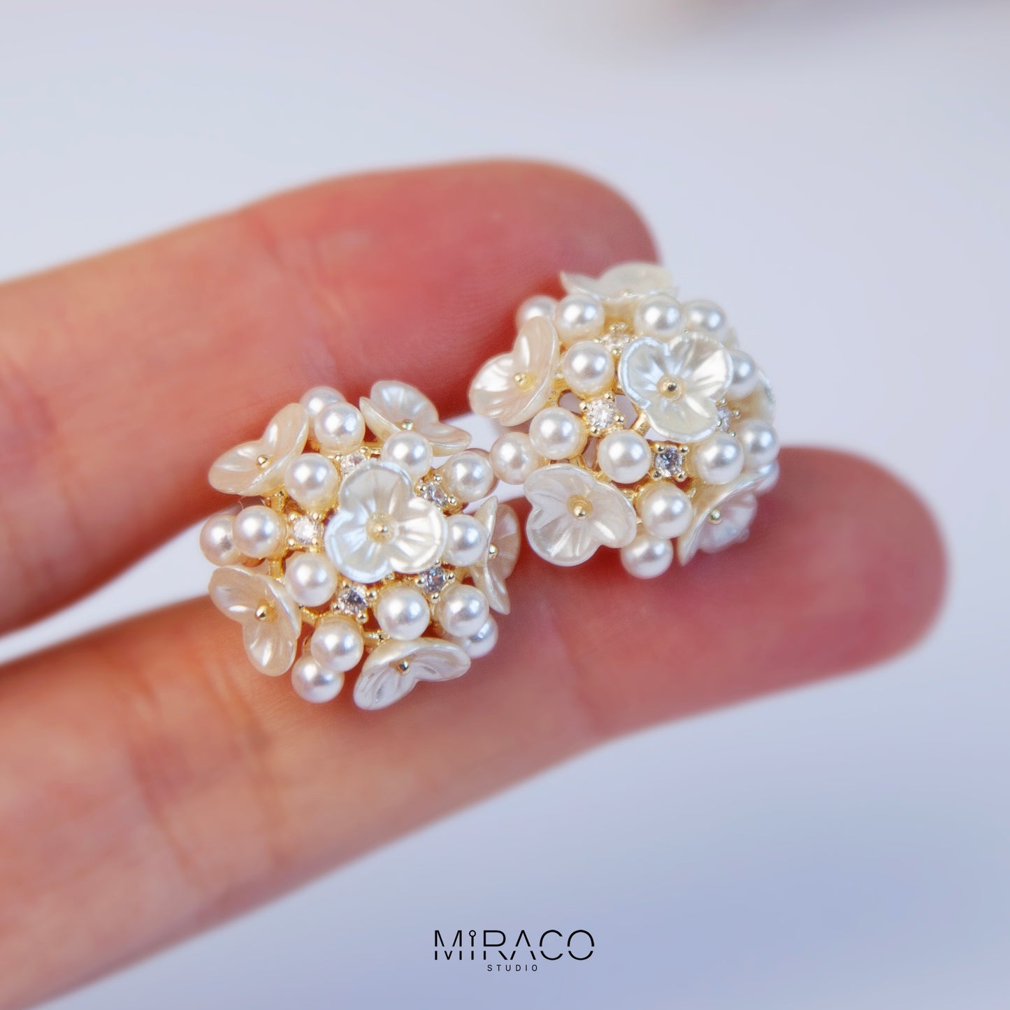 Fairy Pearls Flower Stud Earrings, Non Pierced Floral Wedding Bridal Studs