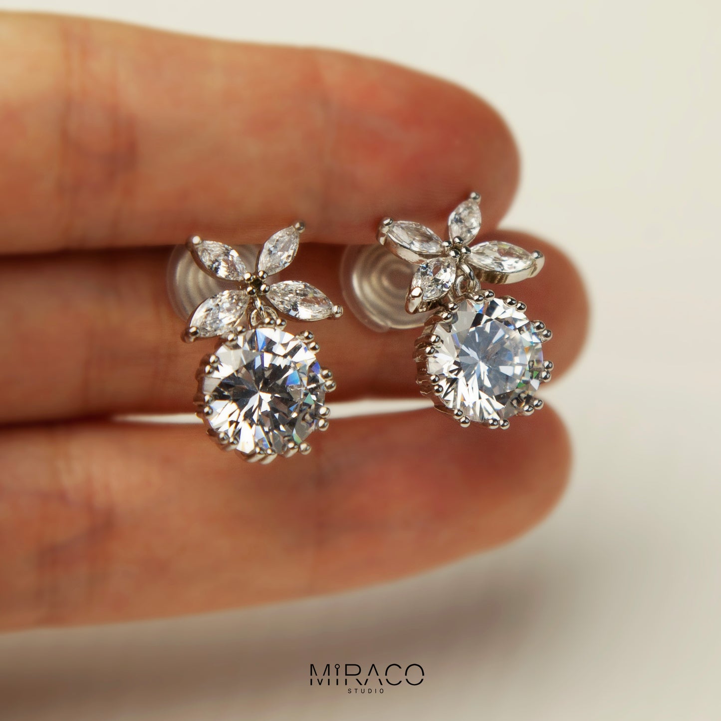 Flower Crystal Clip On Dangle Earrings, Silver Leaf Diamond Earrings, Non Pierced Plant Earrings