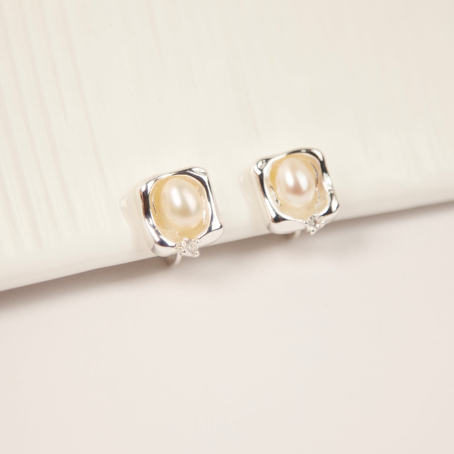 Freshwater Pealrs Ear Clips, Non Pierced Silver Square Stud Simple Minimal Pearl Studs