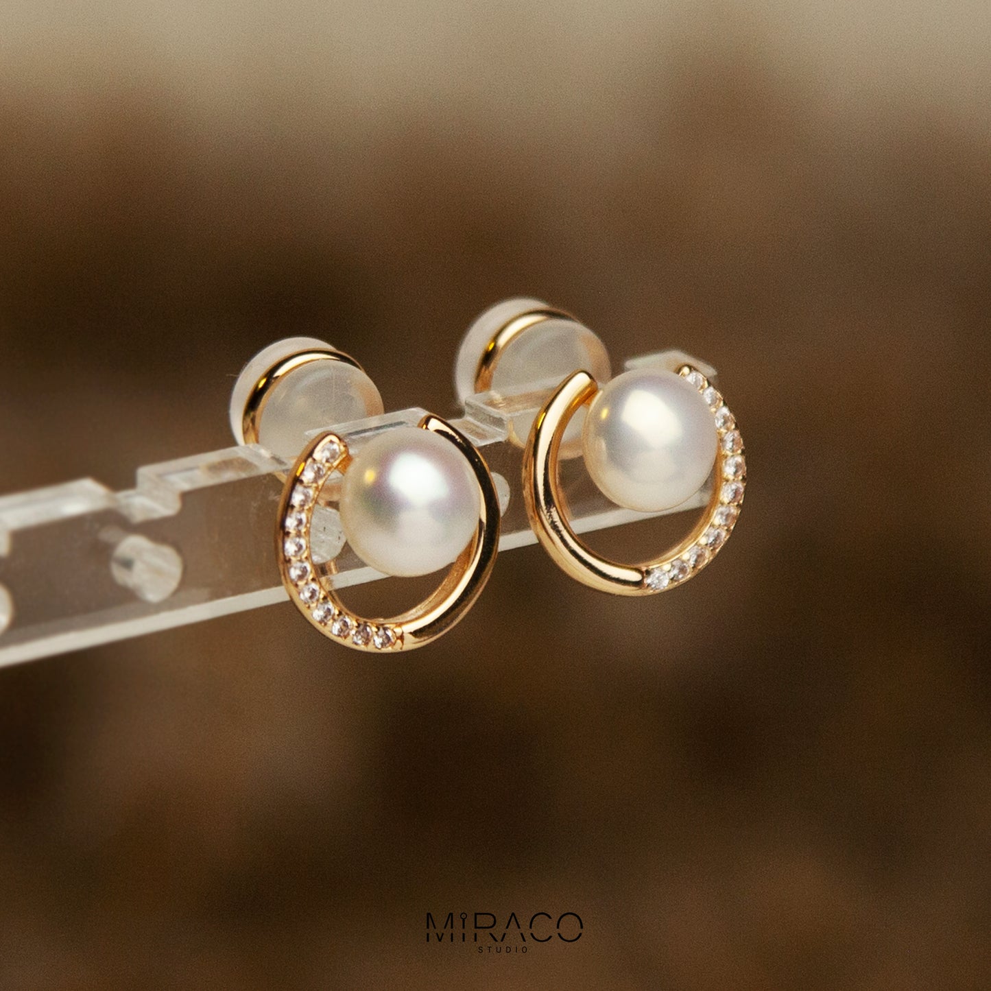 Freshwater Pealrs Pave Diamond Clip, Non Pierced Gold Plated Circle Small Pearl Bridal Studs