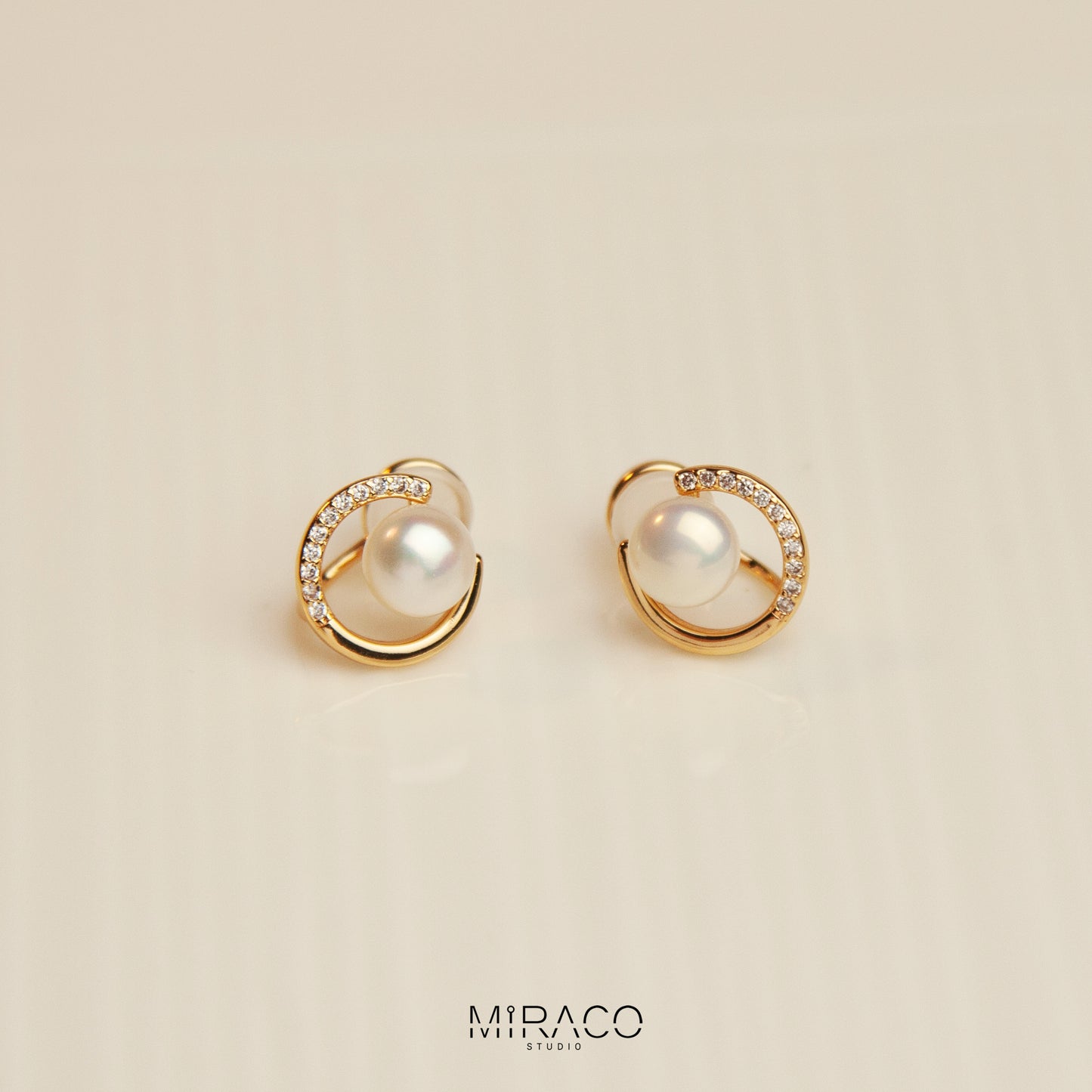 Freshwater Pealrs Pave Diamond Clip, Non Pierced Gold Plated Circle Small Pearl Bridal Studs