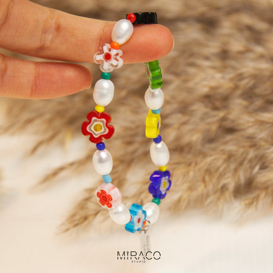 Freshwater Pearl Bead Bracelet, Cute Millefiori Beaded Flower