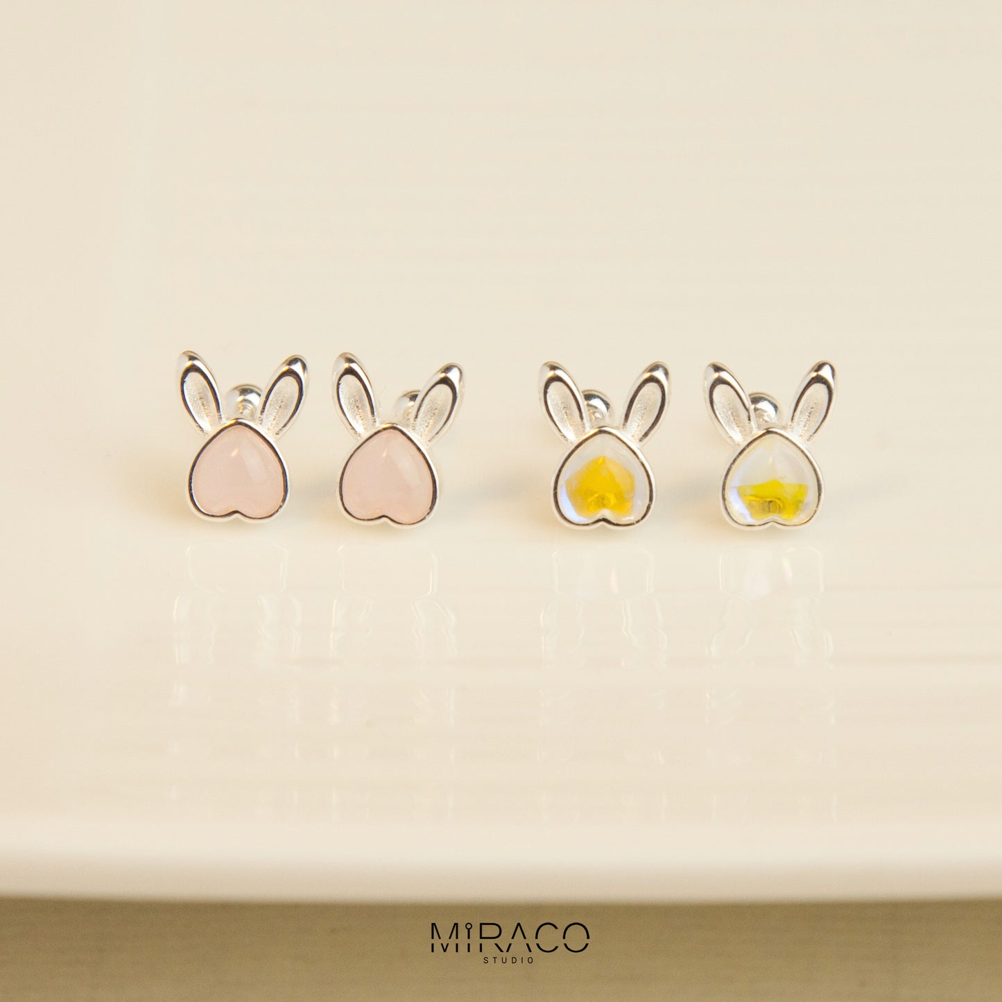 Gemstone Bunny Stud Earrings with Screw Back, S999 Sterling Silver Earrings, Skinny Pink Aurora Rabbit Earrings, Animal Piercing Earrings