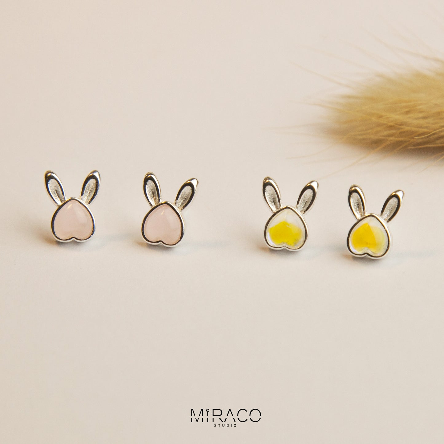 Gemstone Bunny Stud Earrings with Screw Back, S999 Sterling Silver Earrings, Skinny Pink Aurora Rabbit Earrings, Animal Piercing Earrings