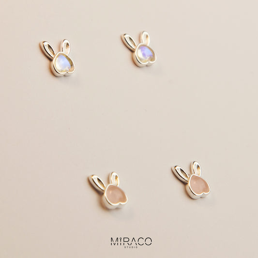 Gemstone Bunny Stud Earrings with Screw Back, S999 Sterling Silver Earrings, Skinny Pink Aurora Rabbit Earrings, Animal Piercing Earrings