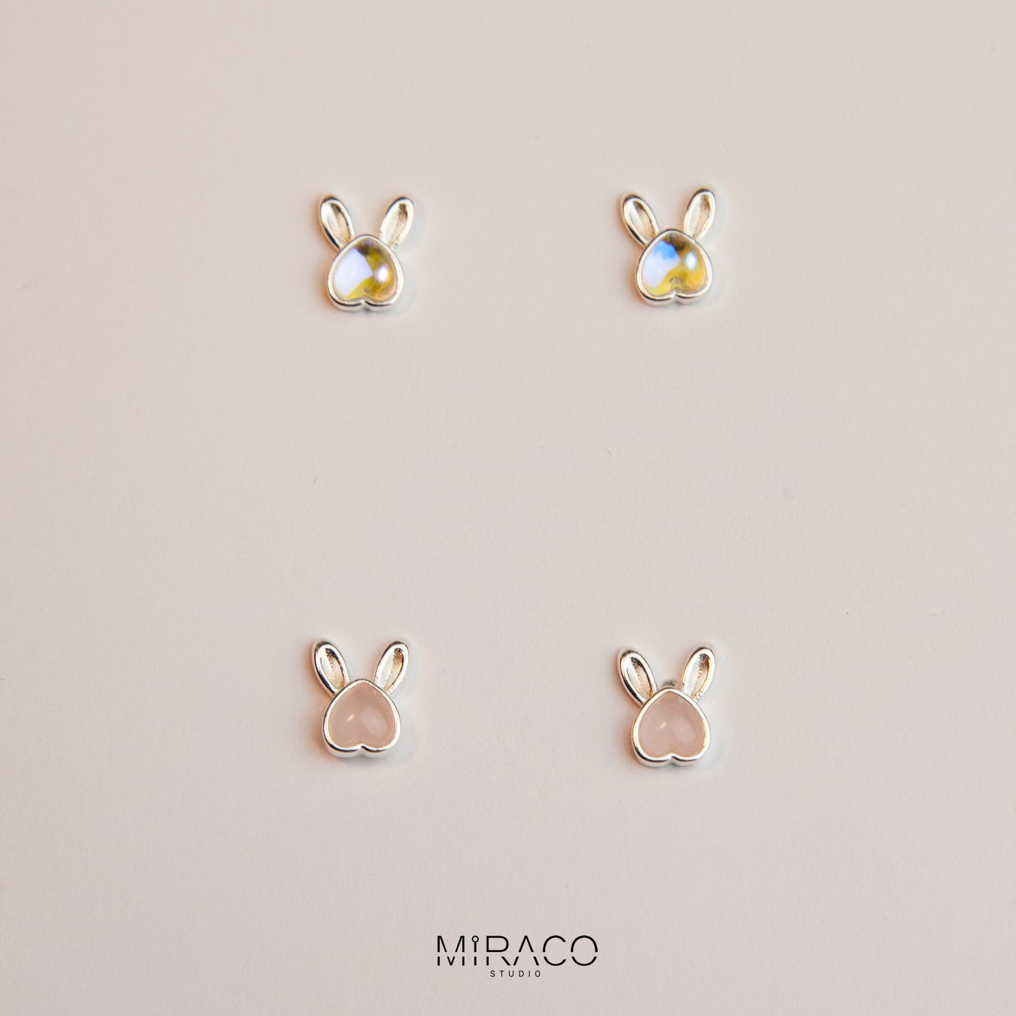 Gemstone Bunny Stud Earrings with Screw Back, S999 Sterling Silver Earrings, Skinny Pink Aurora Rabbit Earrings, Animal Piercing Earrings