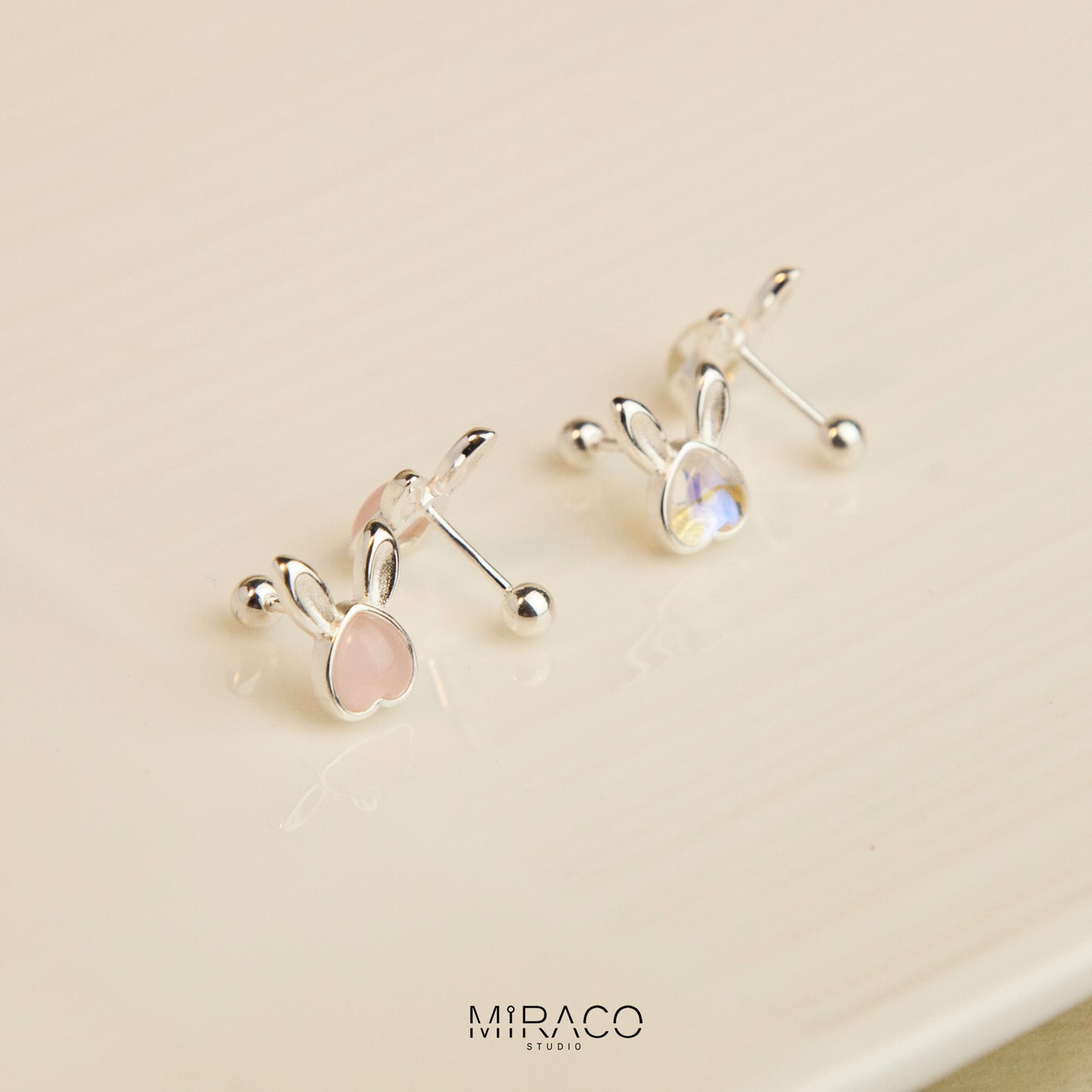 Gemstone Bunny Stud Earrings with Screw Back, S999 Sterling Silver Earrings, Skinny Pink Aurora Rabbit Earrings, Animal Piercing Earrings