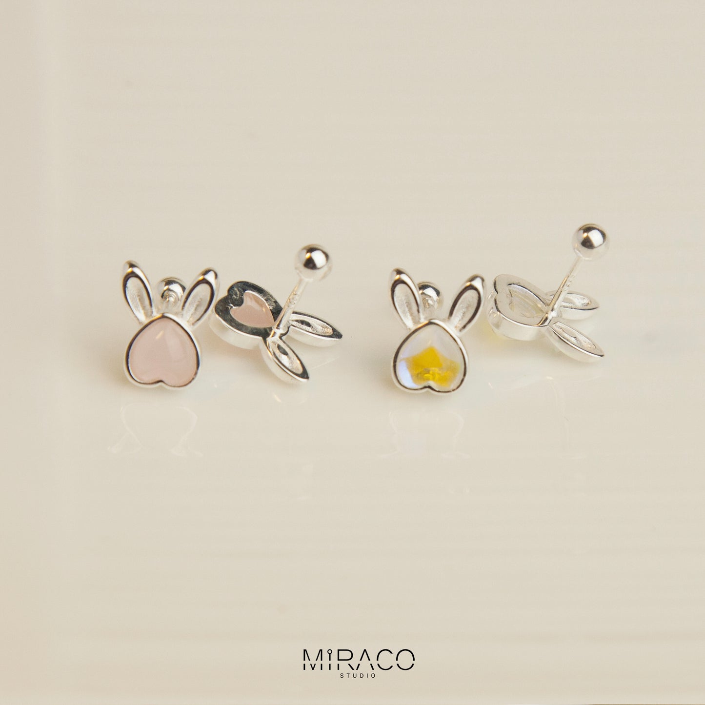 Gemstone Bunny Stud Earrings with Screw Back, S999 Sterling Silver Earrings, Skinny Pink Aurora Rabbit Earrings, Animal Piercing Earrings