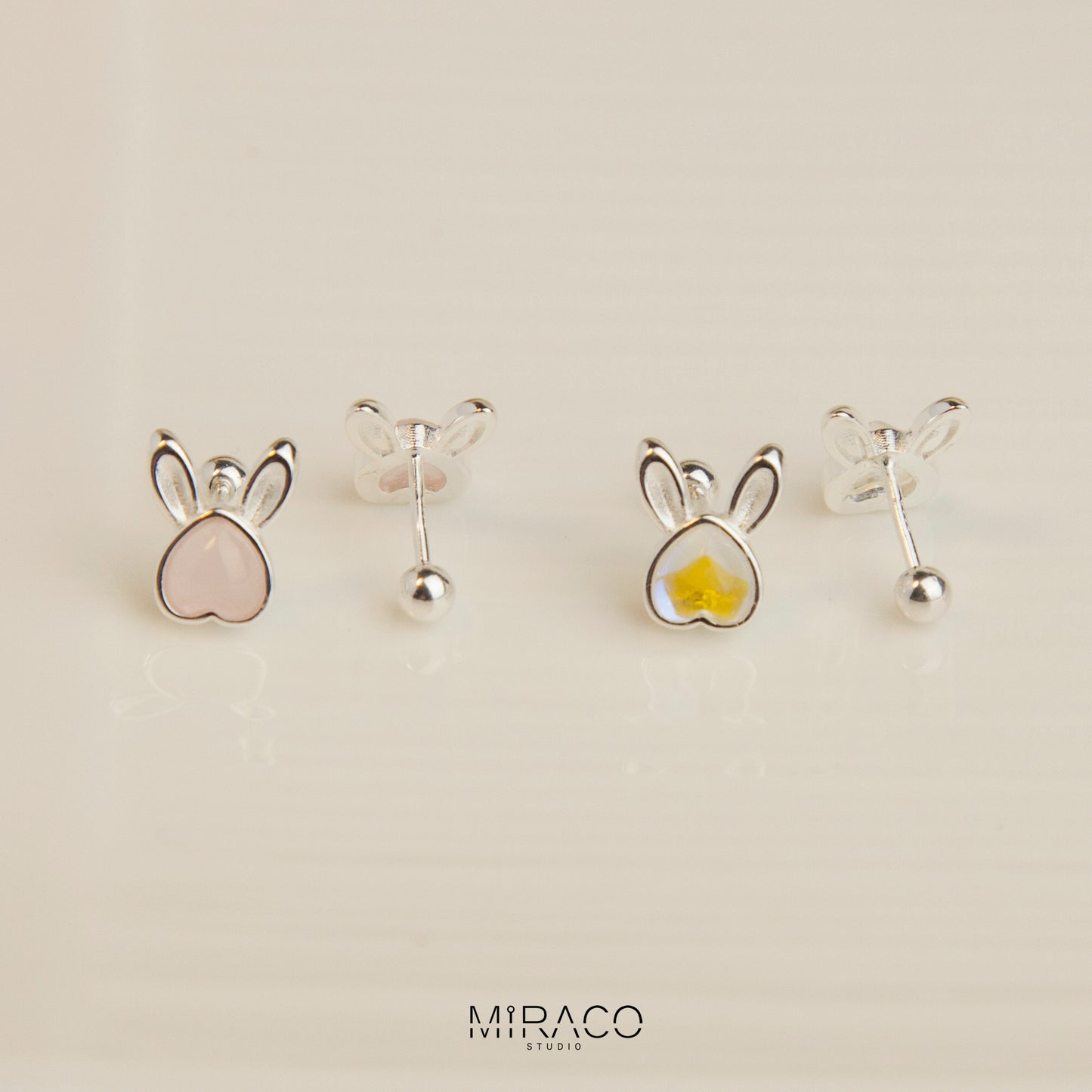 Gemstone Bunny Stud Earrings with Screw Back, S999 Sterling Silver Earrings, Skinny Pink Aurora Rabbit Earrings, Animal Piercing Earrings
