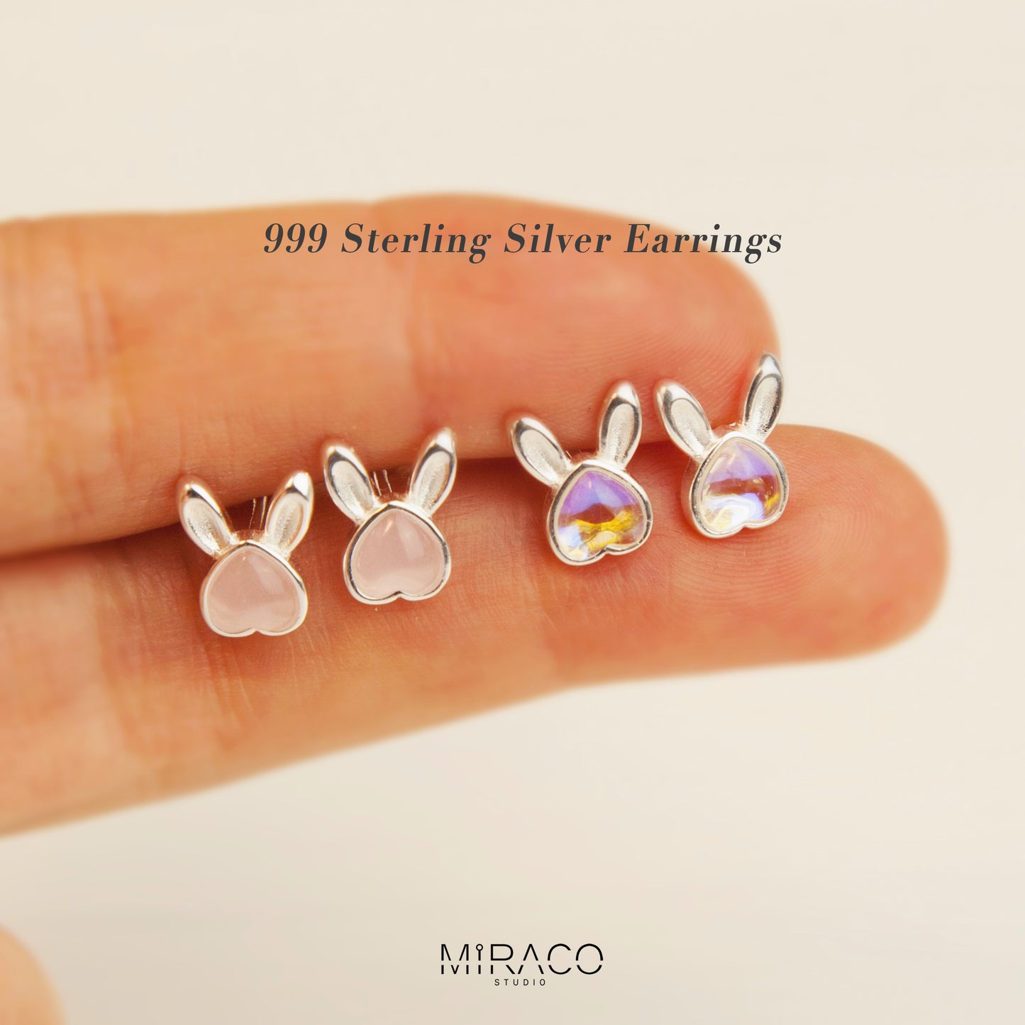 Gemstone Bunny Stud Earrings with Screw Back, S999 Sterling Silver Earrings, Skinny Pink Aurora Rabbit Earrings, Animal Piercing Earrings