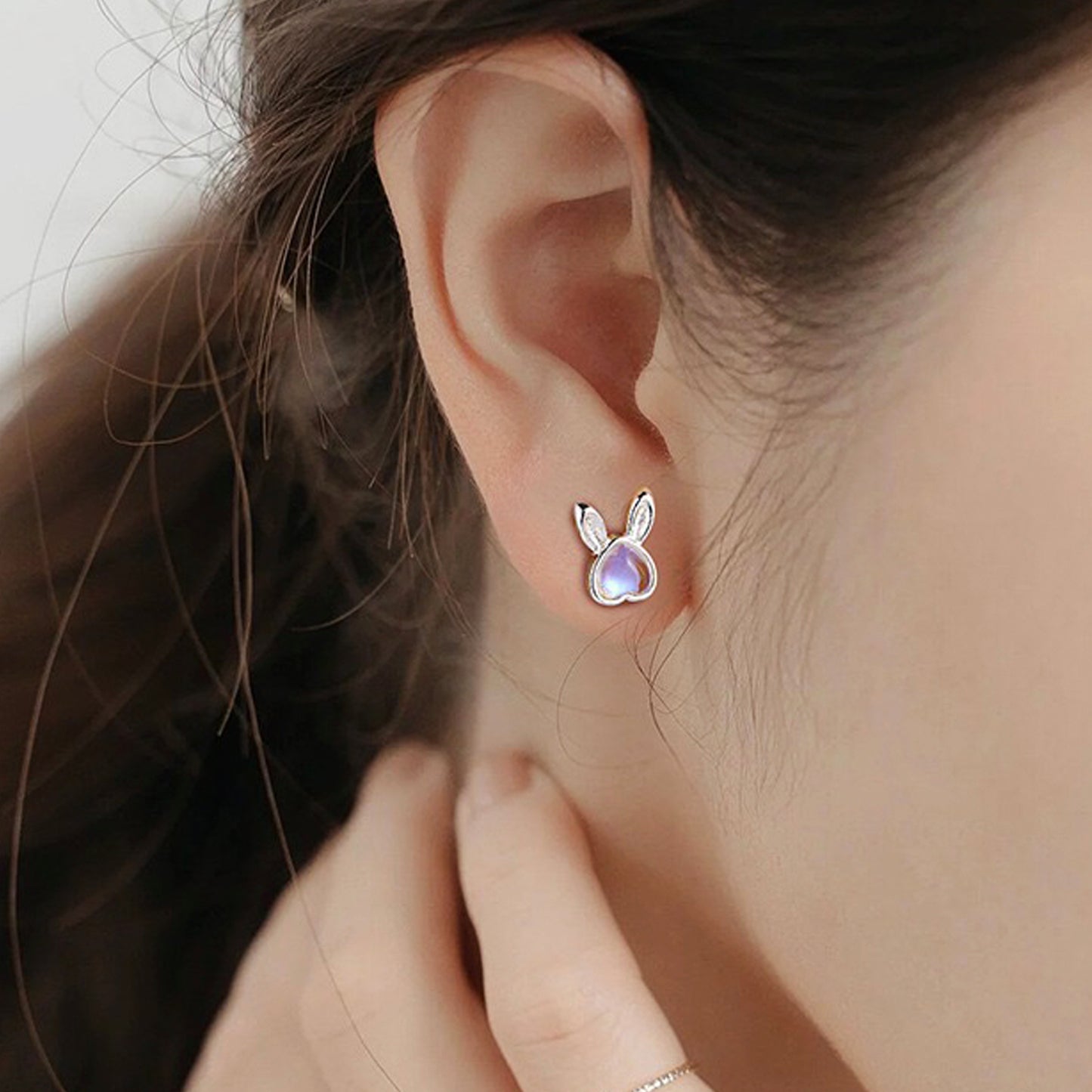 Gemstone Bunny Stud Earrings with Screw Back, S999 Sterling Silver Earrings, Skinny Pink Aurora Rabbit Earrings, Animal Piercing Earrings