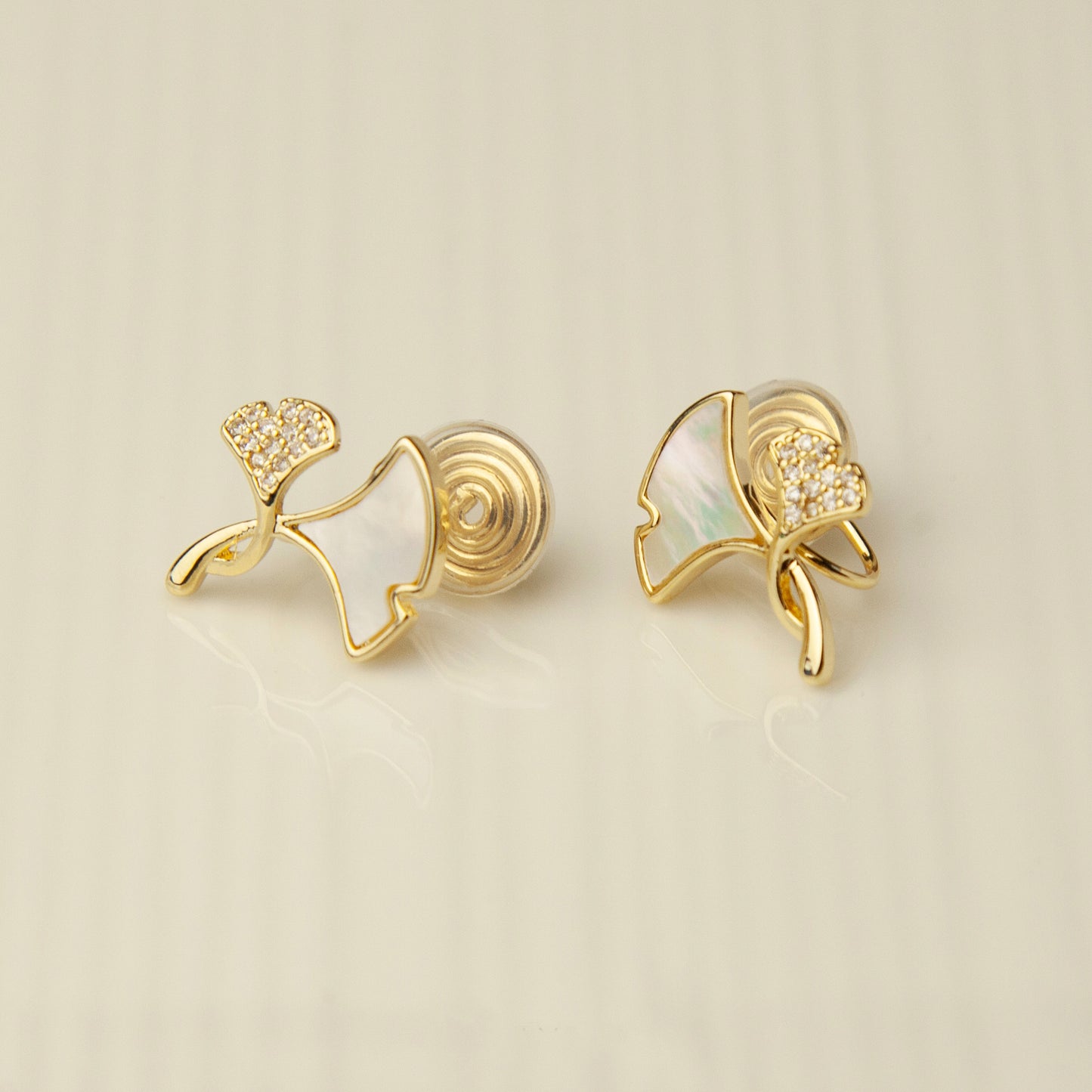 Ginkgo Leaves Stud Clip On Earrings, Gold Plated Ginko Leaf Stud Earrings, Mother Of Pearl Studs With Pave Diamond, None Pierced Earrings