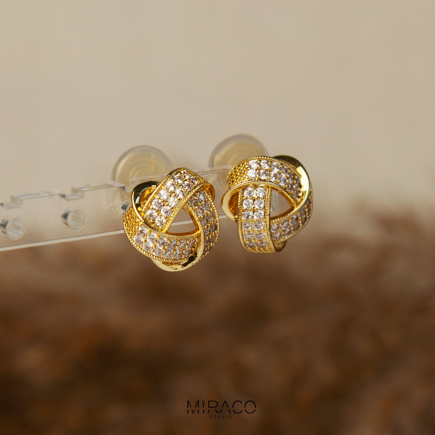 Gold-Tone Knot Stud Earrings, Twist Circle Diamond Studs, Minimalist Non Pierced Bridal Studs