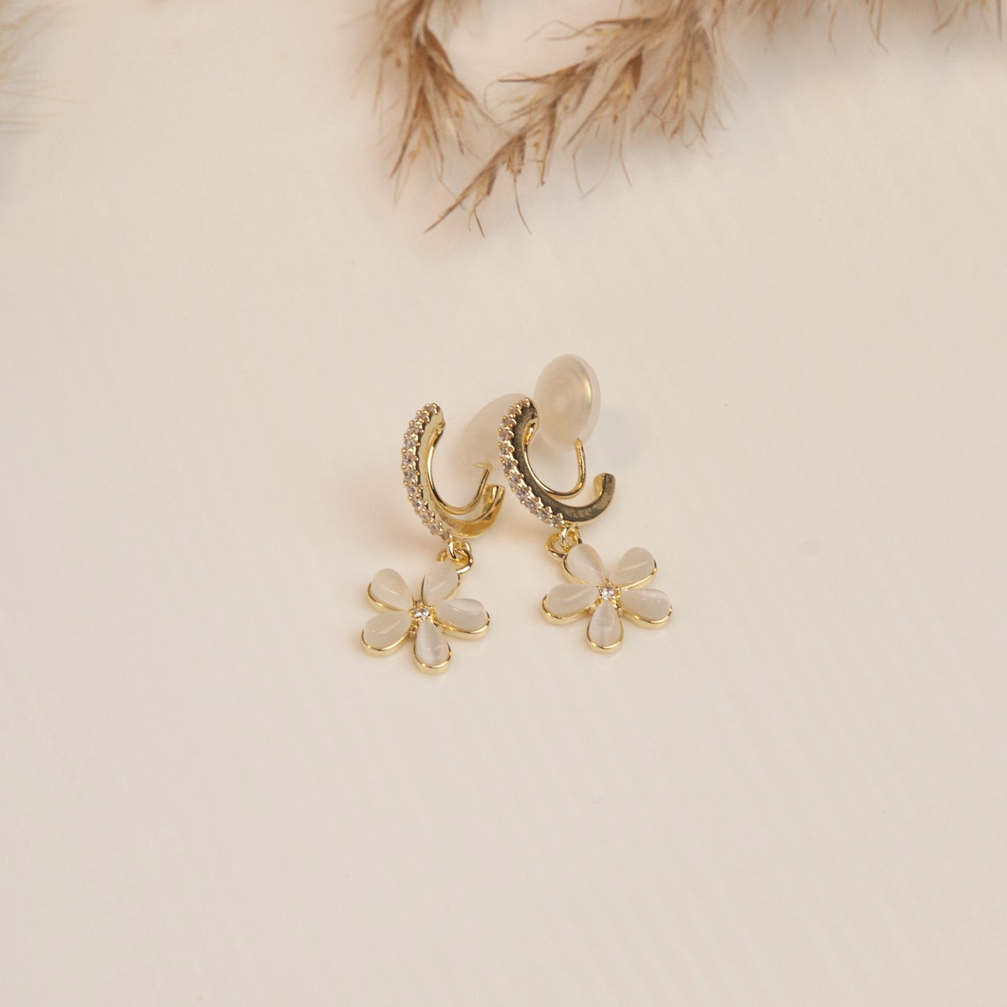 Gold Daisy Dangle Clip On Earrings, Flower Drop Earrings with Diamond Small Hoop, Nature Inspired Dainty Floral Crystal Plant Earrings