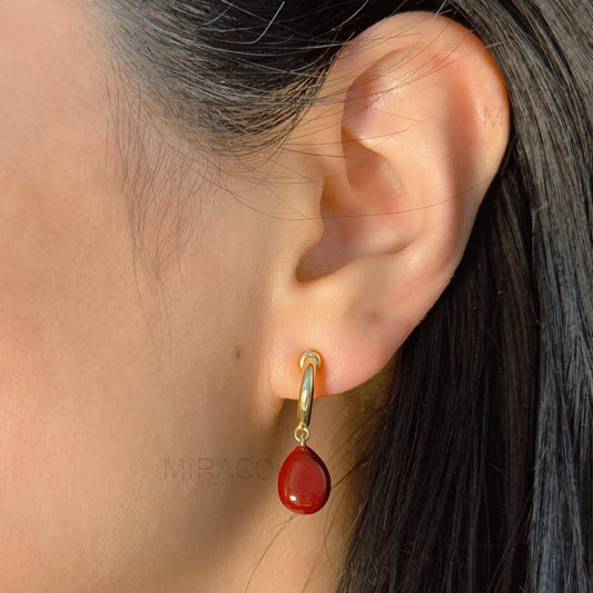 Gold Hoop Red Waterdrop Dangle Drop Earrings Invisible Ear Clip Non Pierced Geometrical Red Earrings