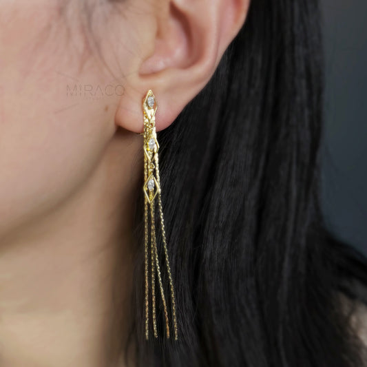 Gold Mini-Clip Crystal Fringe Earring Minimal Dangle Drop Non-Pierced Long Chain Earring