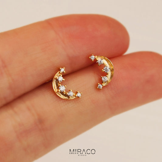 Gold Moon Stud Earrings With CZ Crystals, Sterling Silver Studs, 18K Gold Plated Diamond Crescent Moon Stud Earrings, Skinny Moon Earrings
