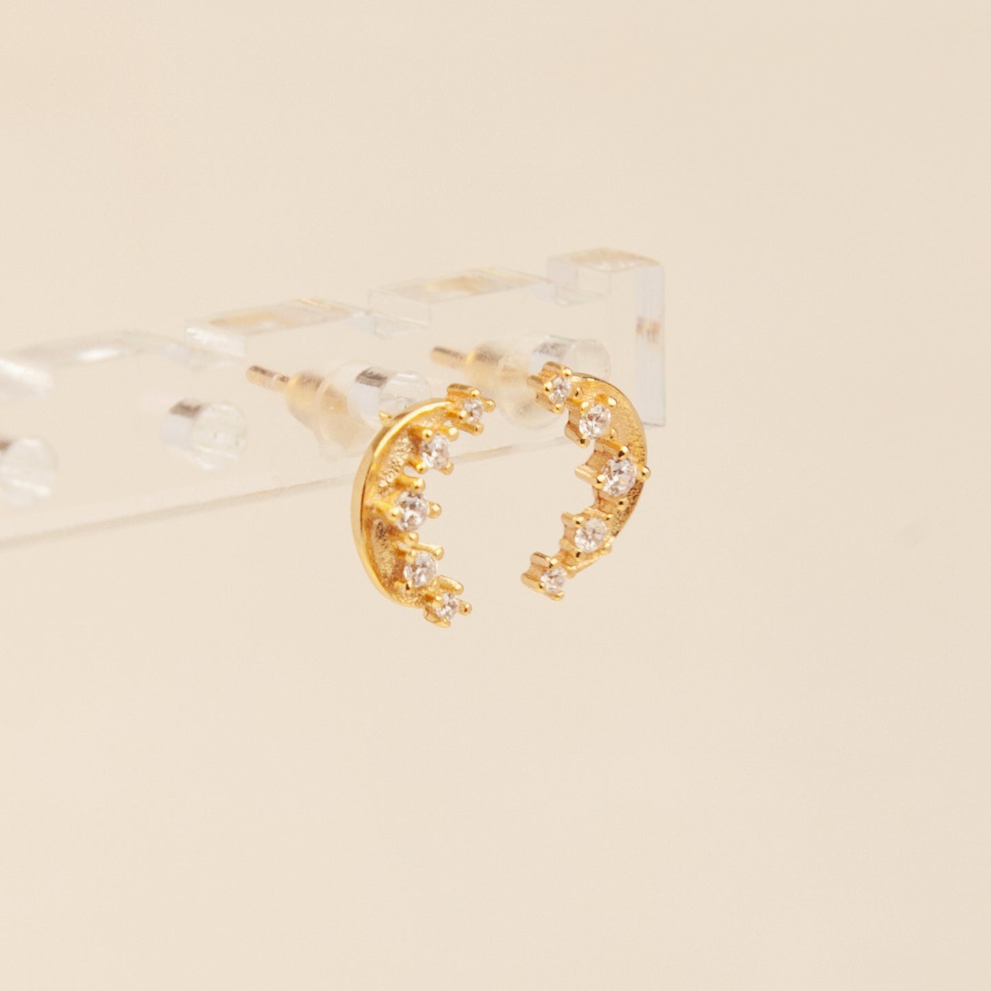 Gold Moon Stud Earrings With CZ Crystals, Sterling Silver Studs, 18K Gold Plated Diamond Crescent Moon Stud Earrings, Skinny Moon Earrings