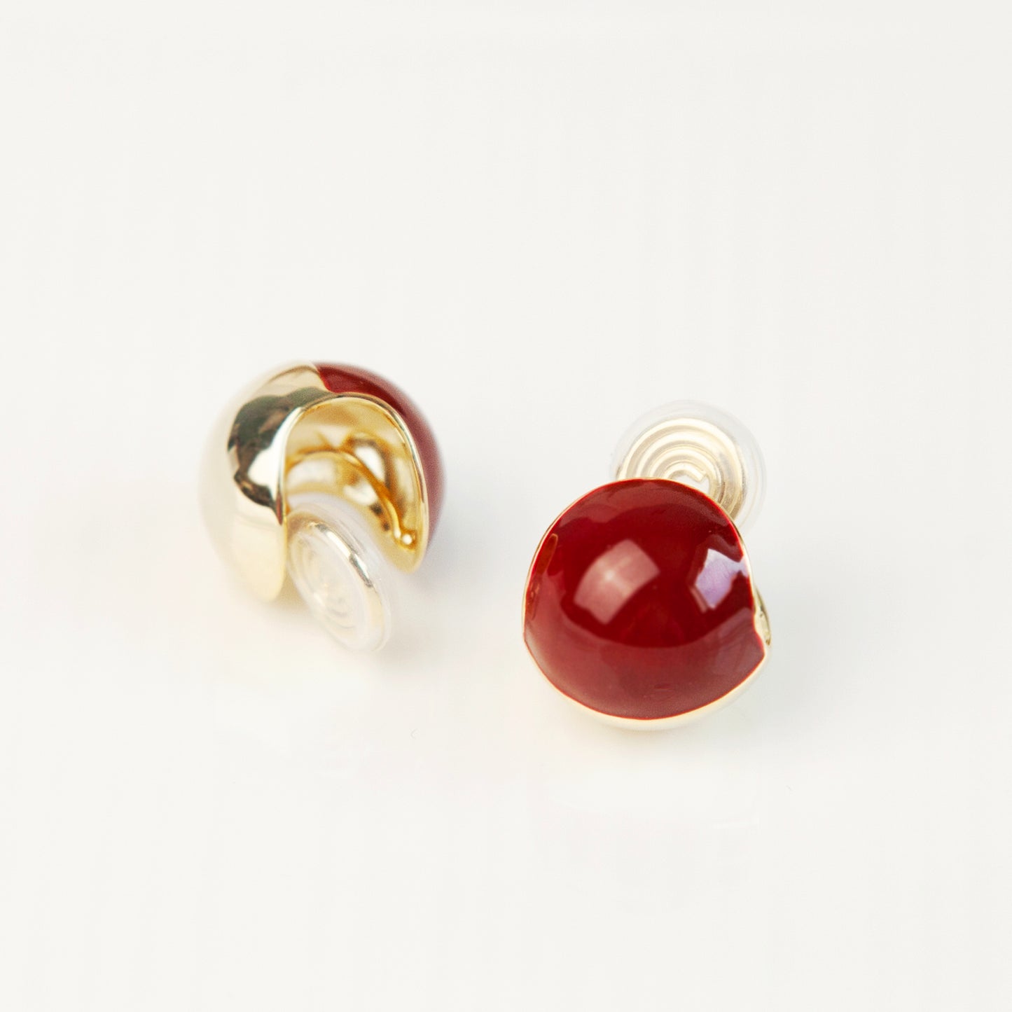 Gold Plated Burgundy Medium Ball Stud Earrings, Non-Pierced Earrings, Red Ball Stud Non Pierced Earrings, Modern Minimalist Earrings