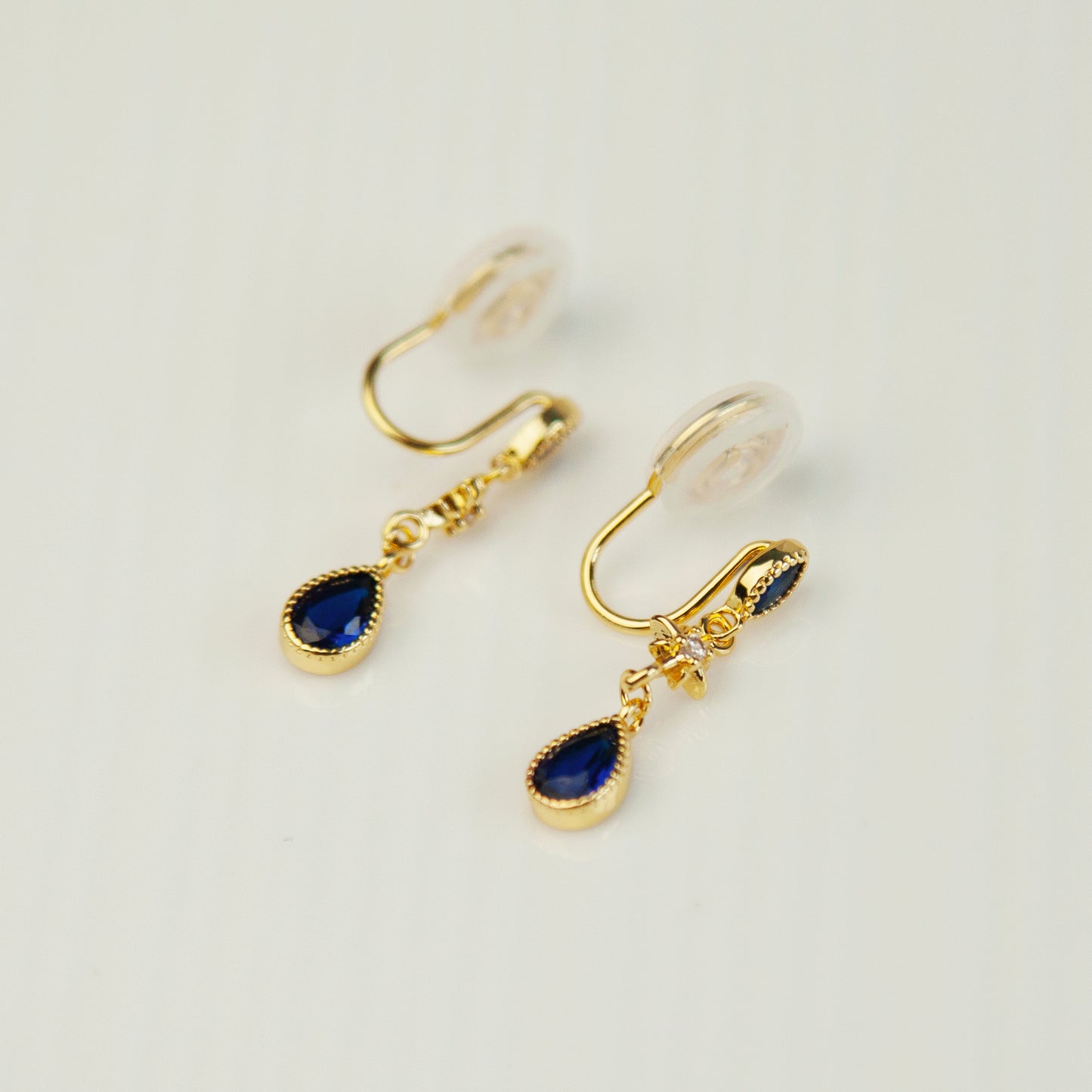 Gold Plated CZ Clip On Earrings, Dainty Navy Gem Clip On Drop Ear Clips, Non Pierced Earrings