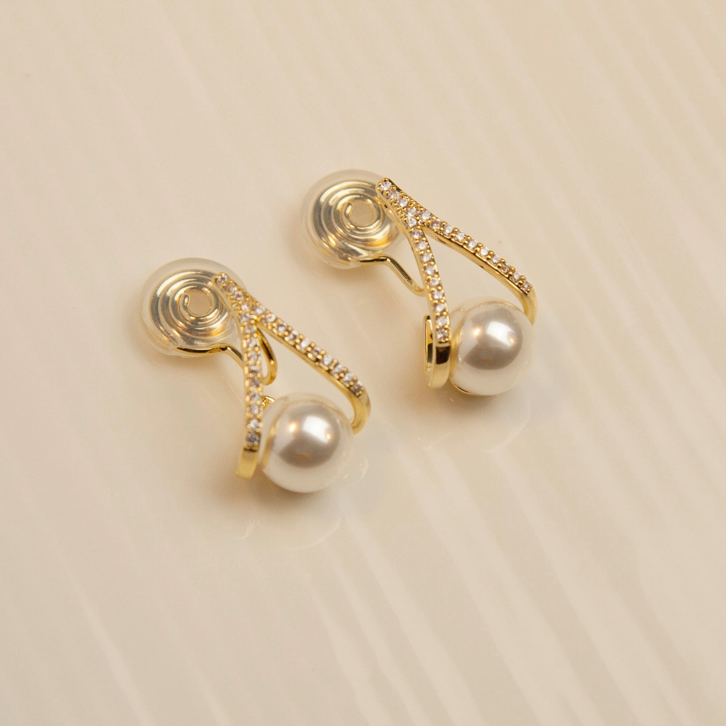Gold Plated Clip On Pearl Stud Earrings, Diamond Stud Earring with Pearls, CZ Pave Diamonds Dangle Drop Earrings, Pearls Drop Stud, Non Pierced Earrings