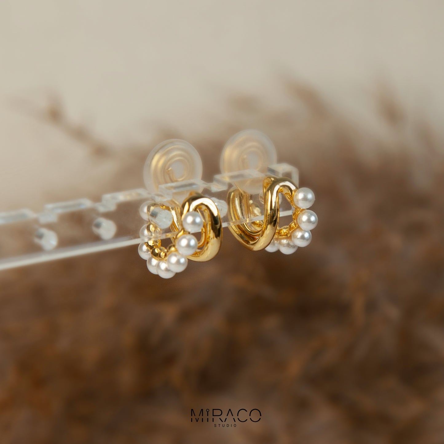 Gold Plated Pearl Hoop Earrings, Timeless Clip On Small Pearls Huggie Earrings, Cream White Twisty Double Huggie Hoops, No Piercing Earring