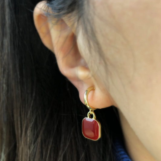 Clip On Burgundy Dangle Hoop Earrings