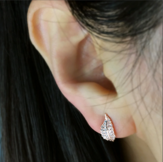 Gold Silver Rose Leaves Stud Earrings, A Piece of Leaf Studs With Pave Diamond, None Pierced Earrings