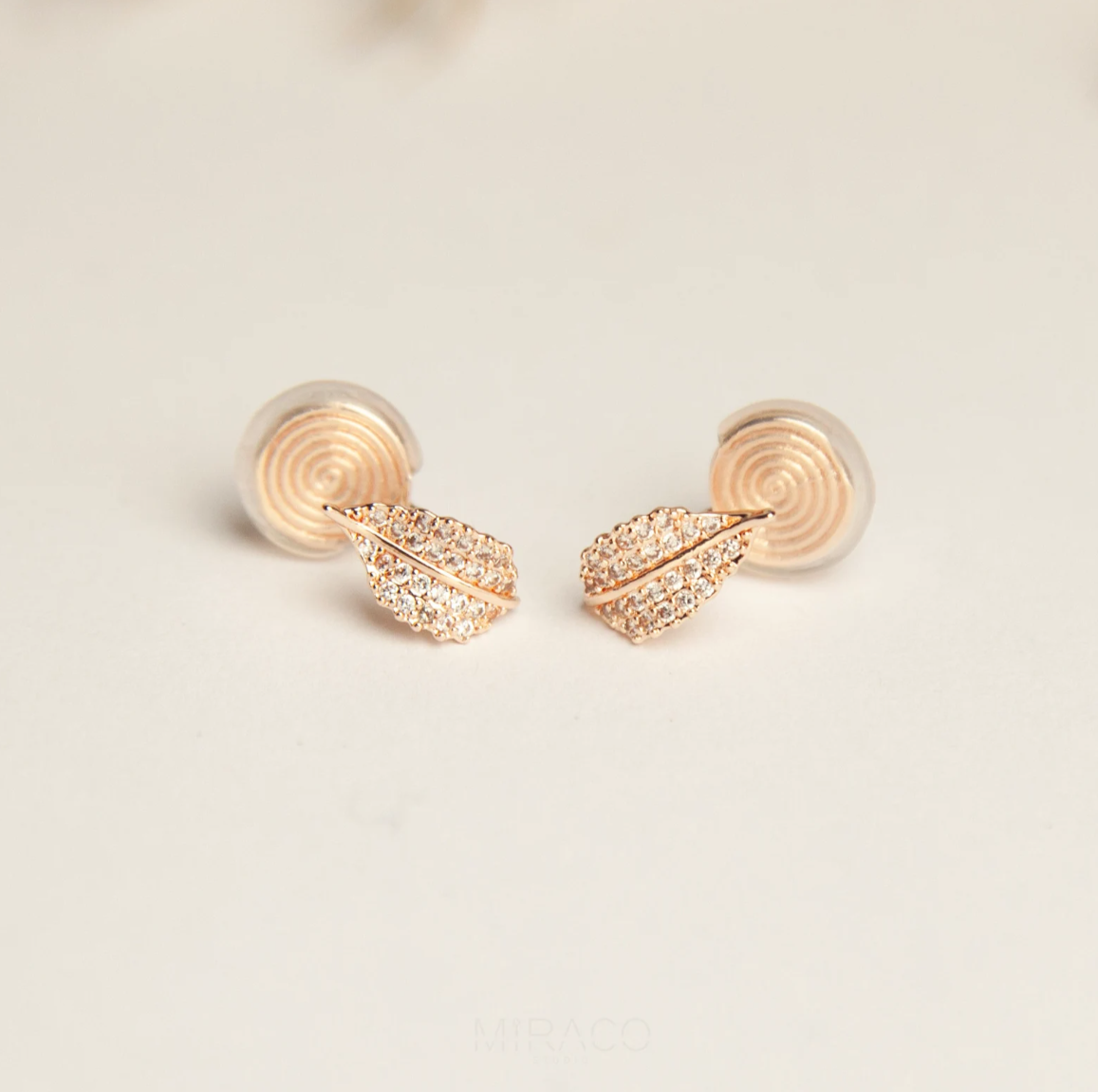 Gold Silver Rose Leaves Stud Earrings, A Piece of Leaf Studs With Pave Diamond, None Pierced Earrings