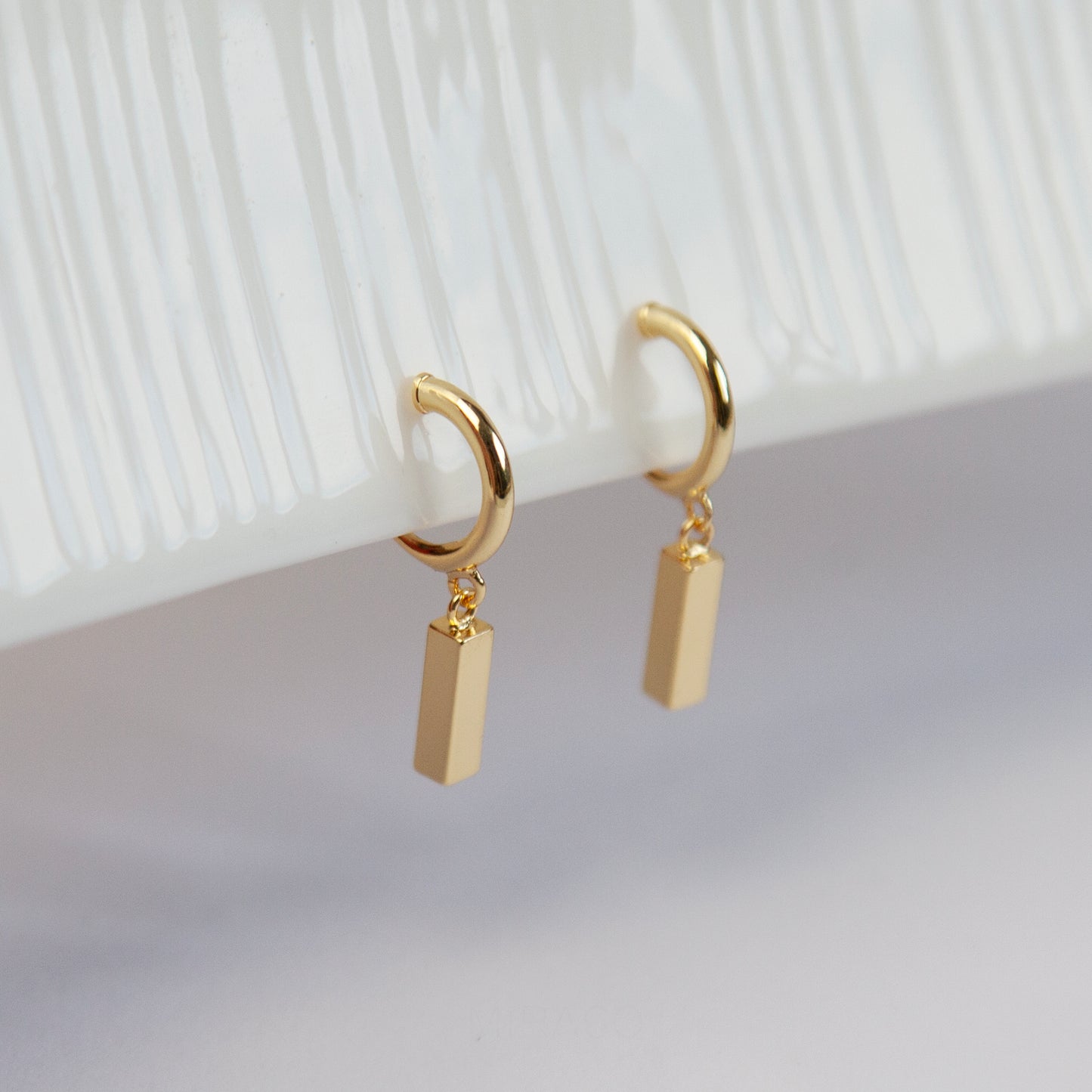 Gold Small Hoop Dangle Earrings with Rectangle Cubes, Invisible Clip On Drop Earrings, Non Pierced Minimalist Gold Clip On Earrings