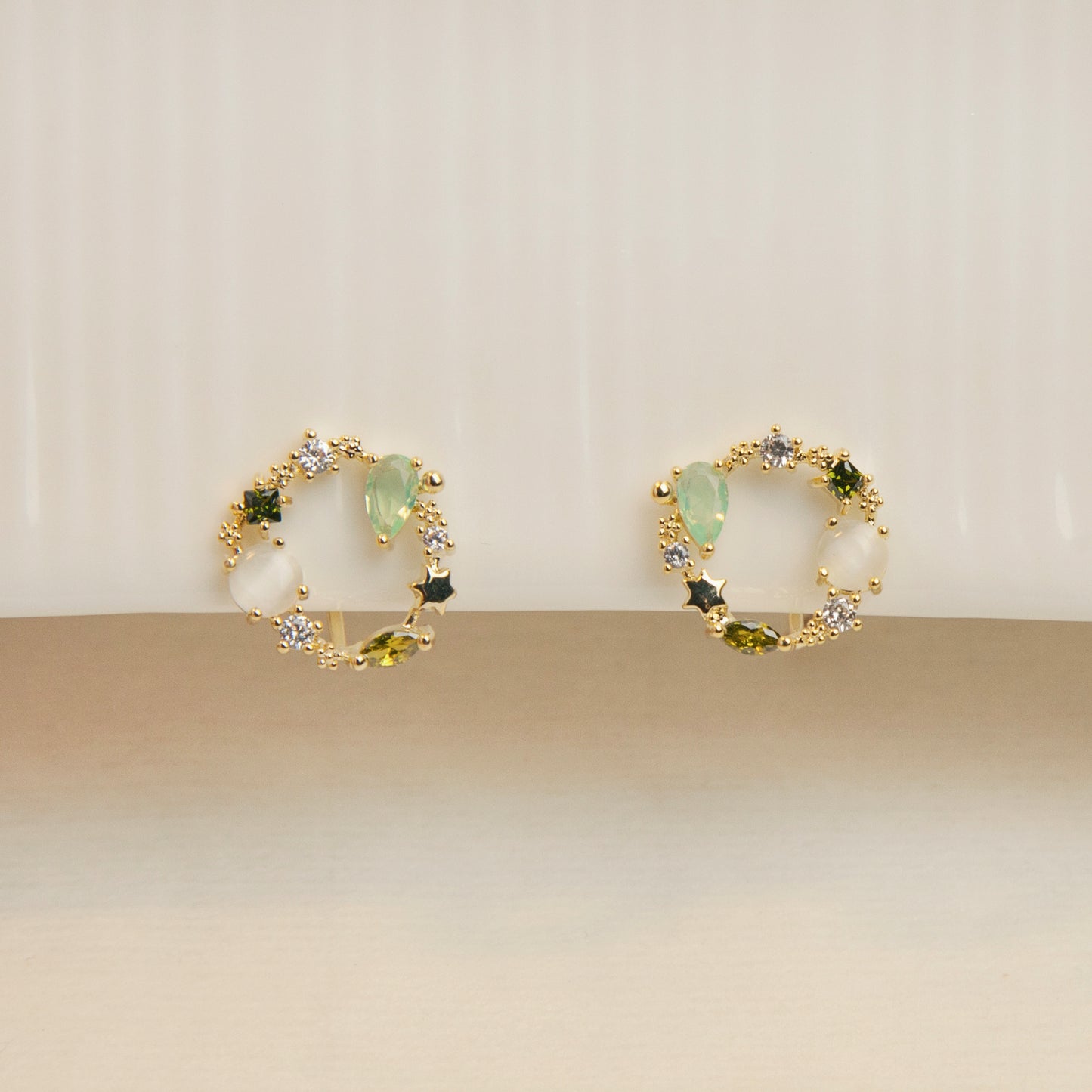 Green Gemstone Crystal Wreath Clip On Earrings, Gold Opal Diamond Open Circle Studs, Floral Star Wreath Stud Earrings, Non Pierced Earrings